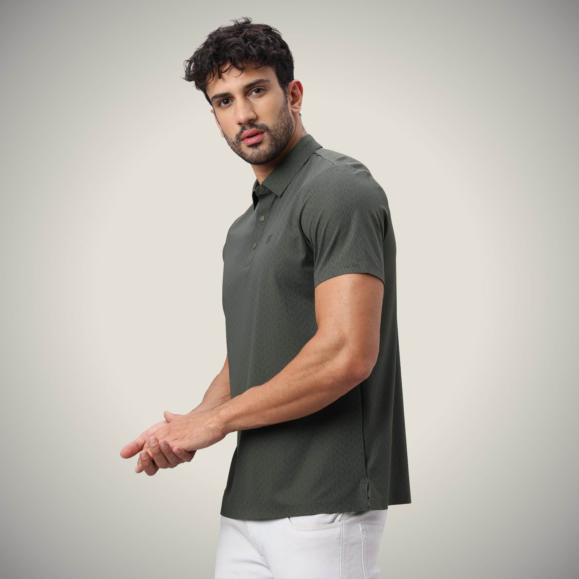 Hektor -Premium-Bonded- Snap Button Polo - Thick Thin Jacquard T Shirt -Mens