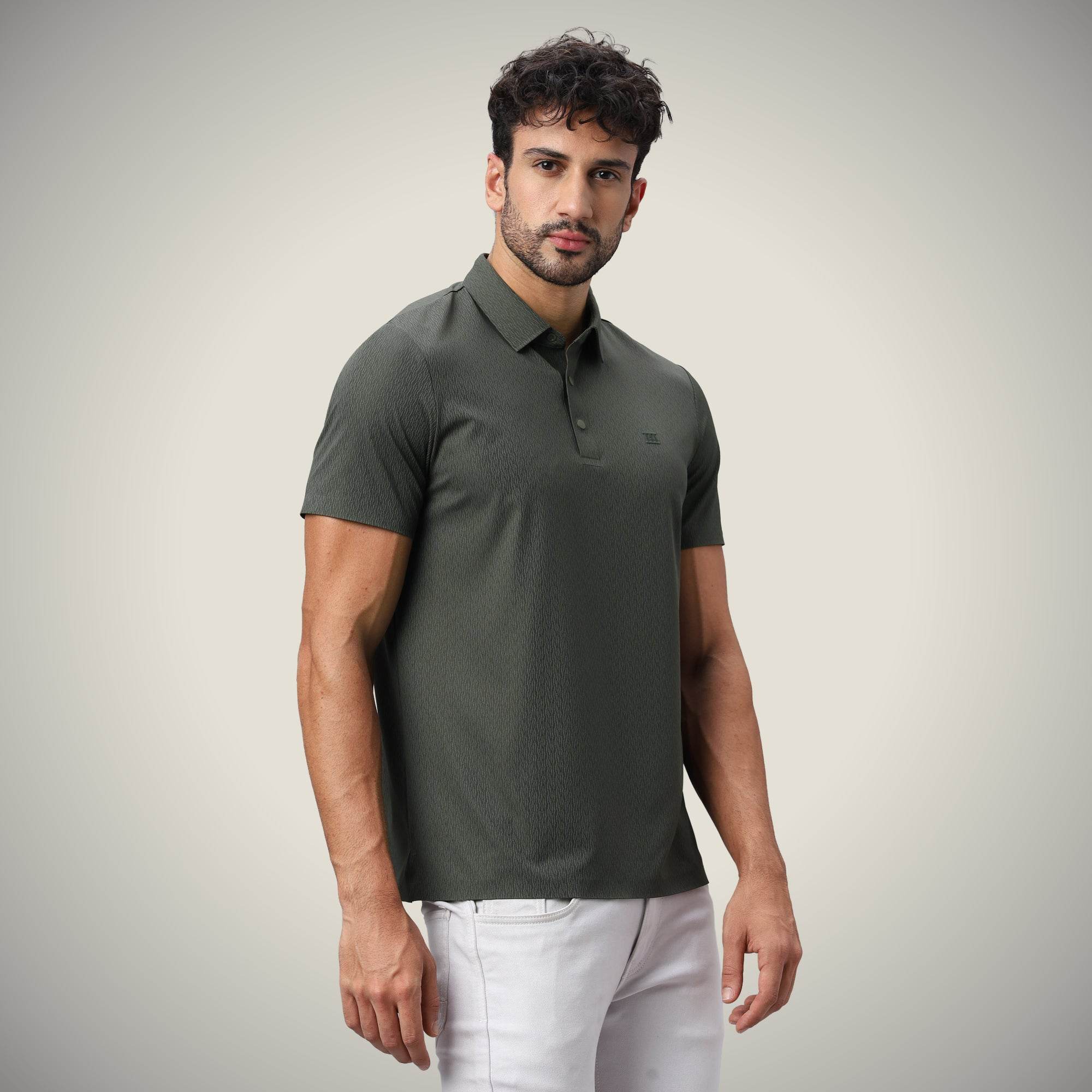 Hektor -Premium-Bonded- Snap Button Polo - Thick Thin Jacquard T Shirt -Mens