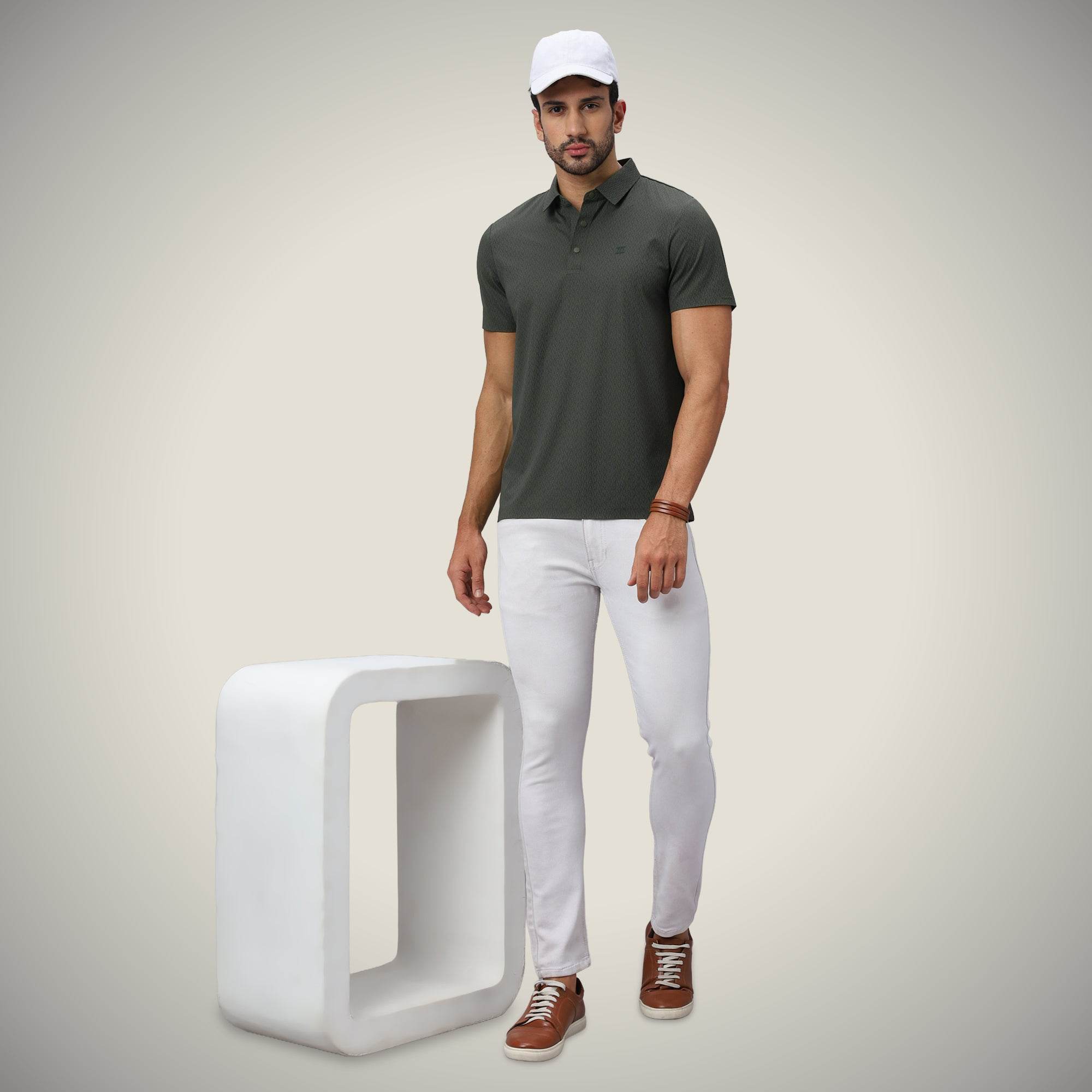 Hektor -Premium-Bonded- Snap Button Polo - Thick Thin Jacquard T Shirt -Mens