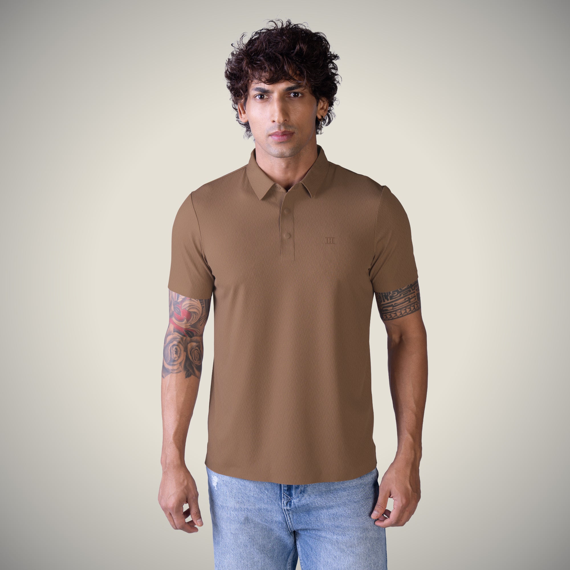 Hektor -Premium-Bonded- Snap Button Polo - Thick Thin Jacquard T Shirt -Mens