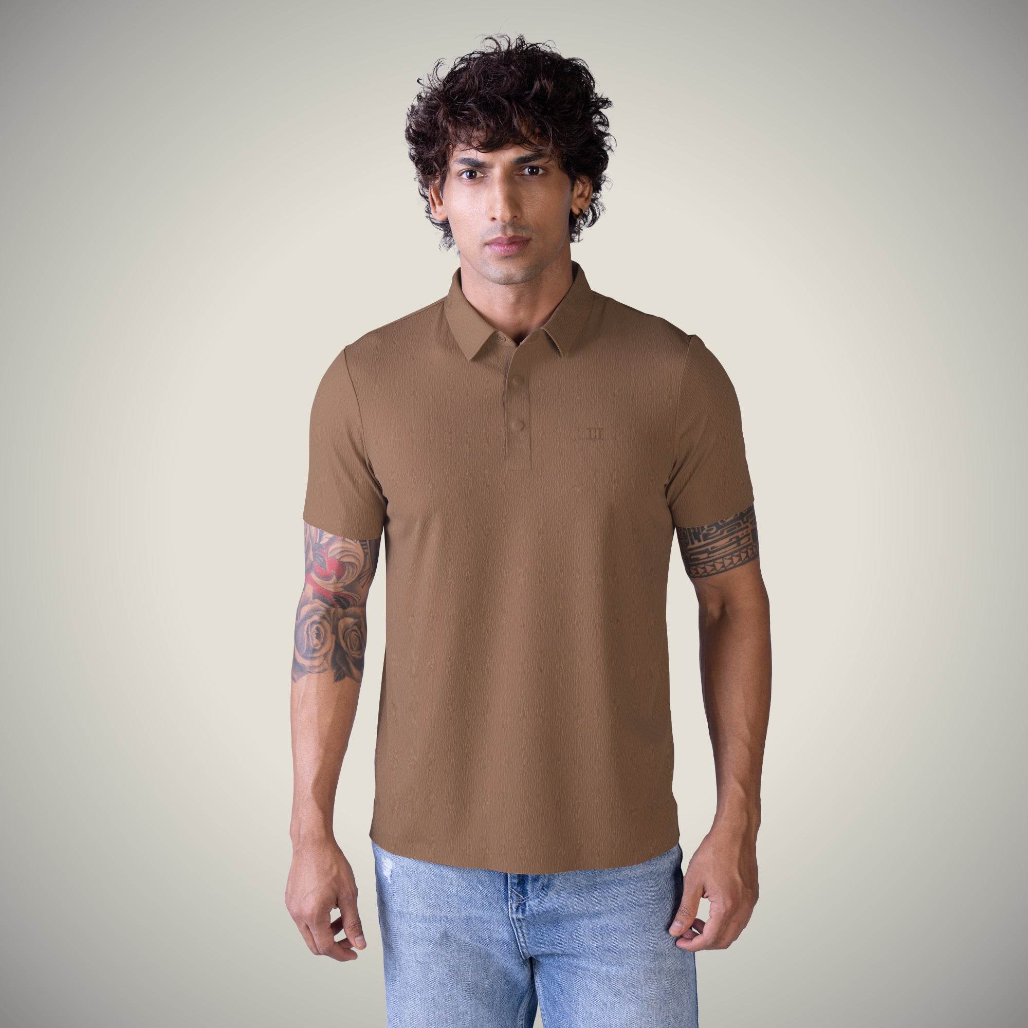 Hektor -Premium-Bonded- Snap Button Polo - Thick Thin Jacquard T Shirt -Mens