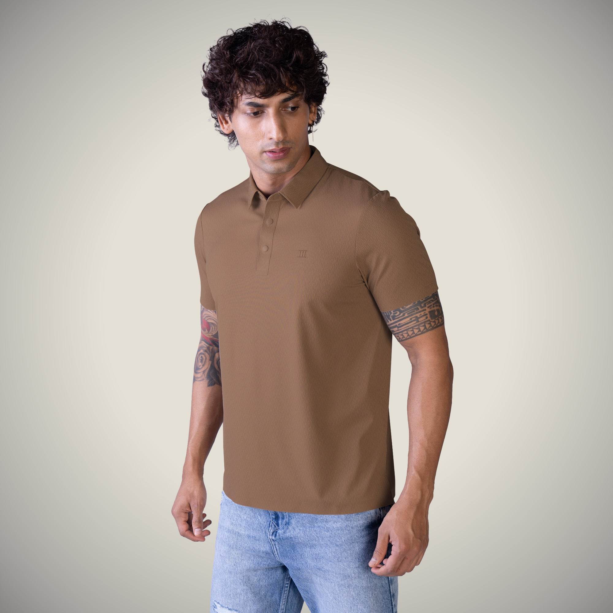 Hektor -Premium-Bonded- Snap Button Polo - Thick Thin Jacquard T Shirt -Mens