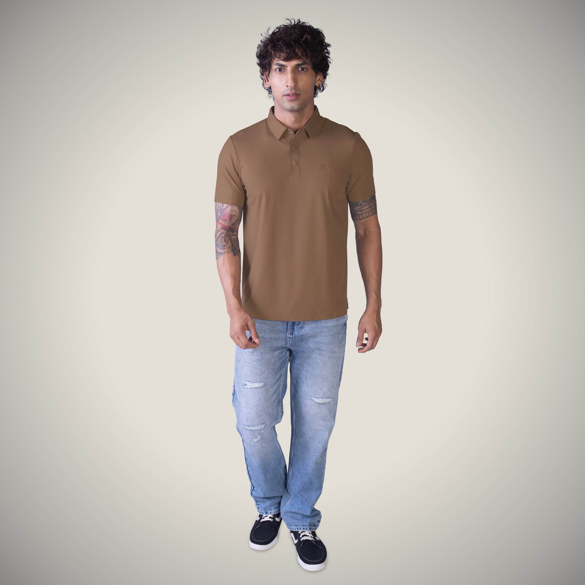 Hektor -Premium-Bonded- Snap Button Polo - Thick Thin Jacquard T Shirt -Mens