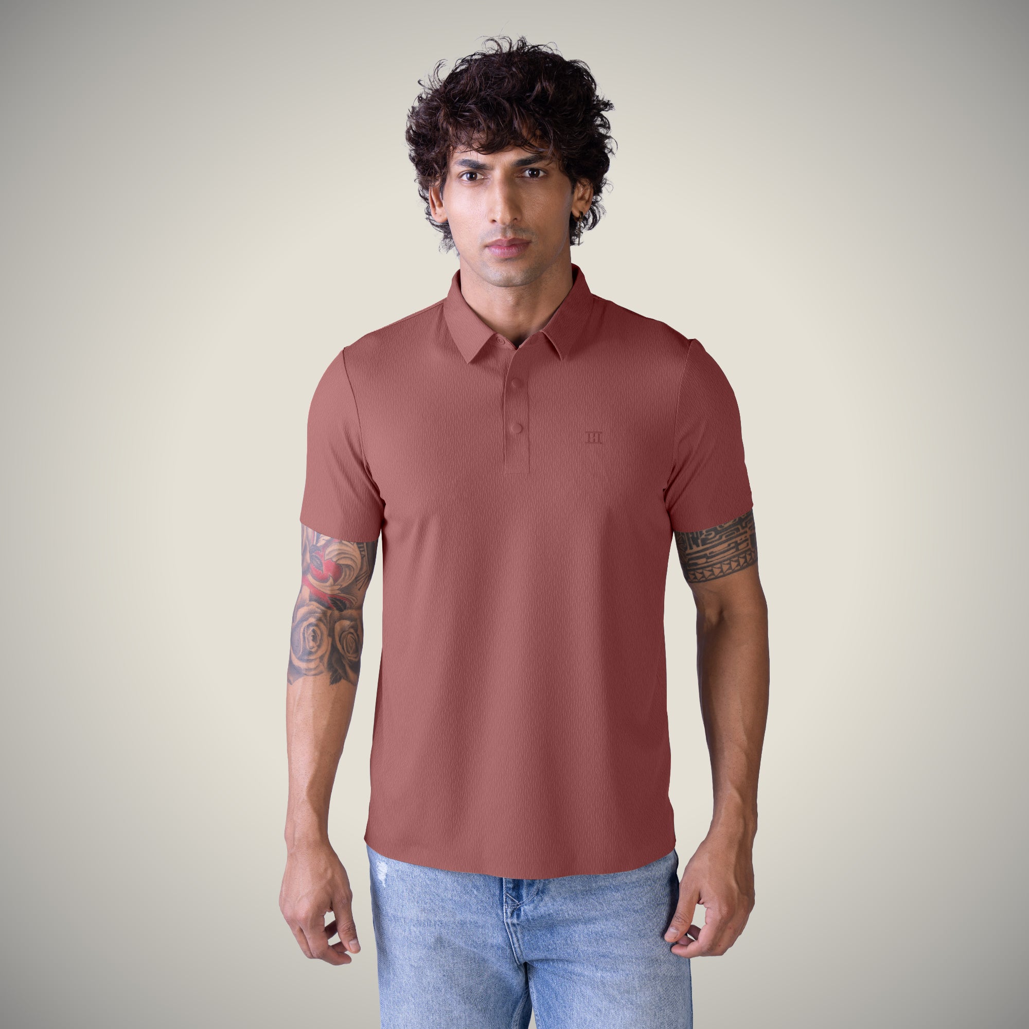 Hektor -Premium-Bonded- Snap Button Polo - Thick Thin Jacquard T Shirt -Mens