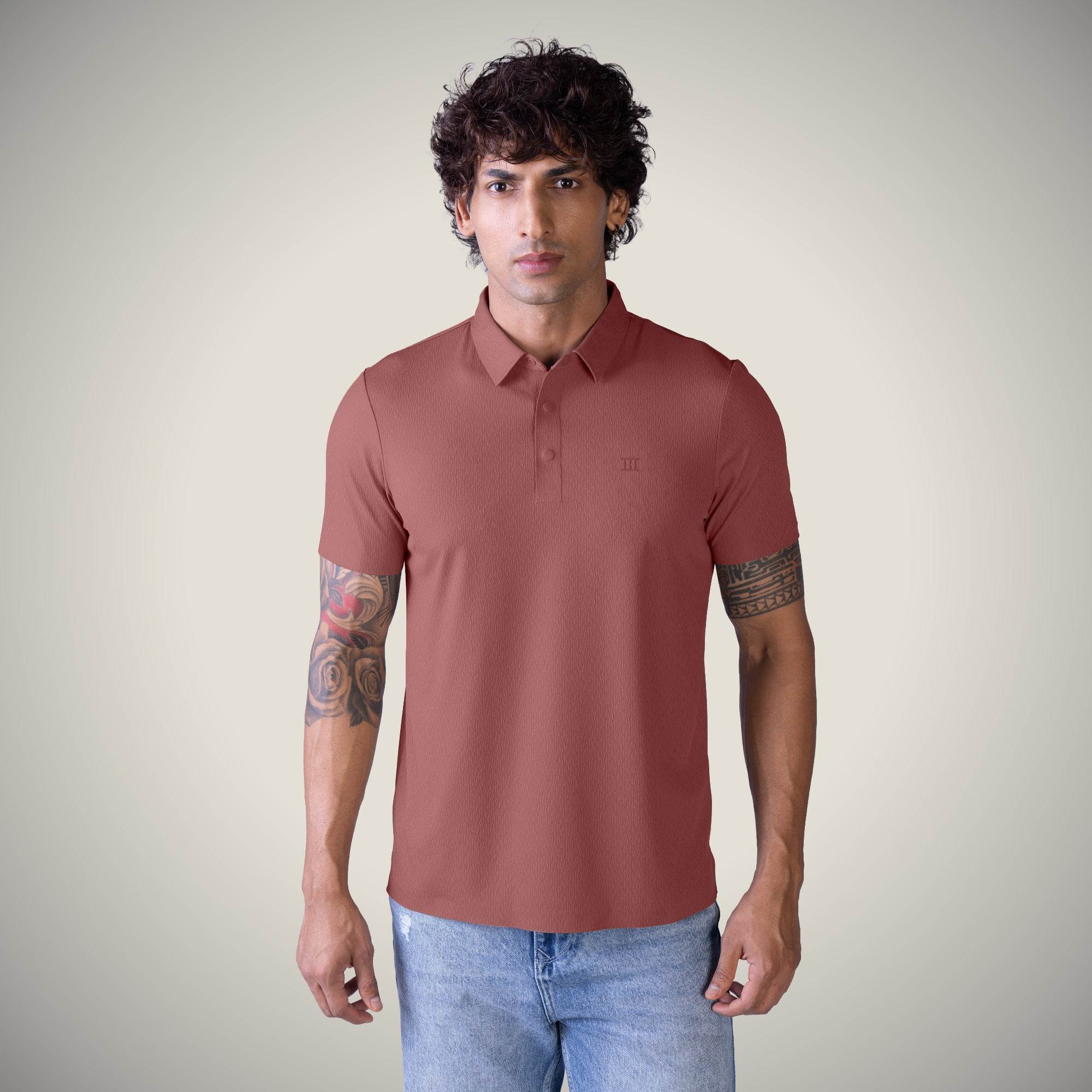 Hektor -Premium-Bonded- Snap Button Polo - Thick Thin Jacquard T Shirt -Mens