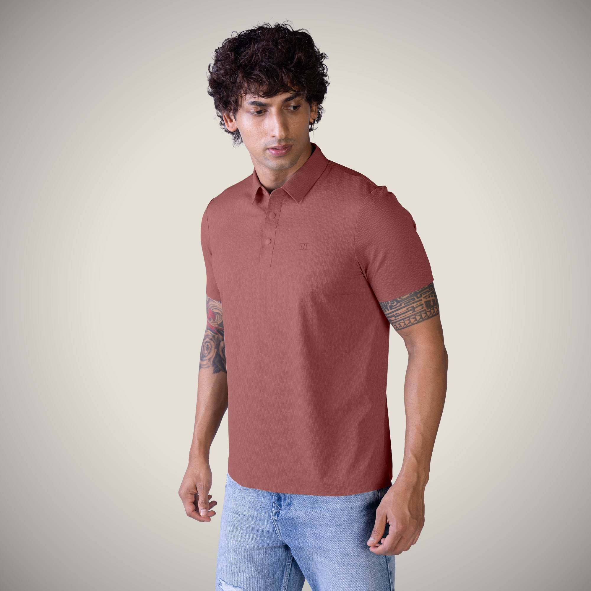 Hektor -Premium-Bonded- Snap Button Polo - Thick Thin Jacquard T Shirt -Mens