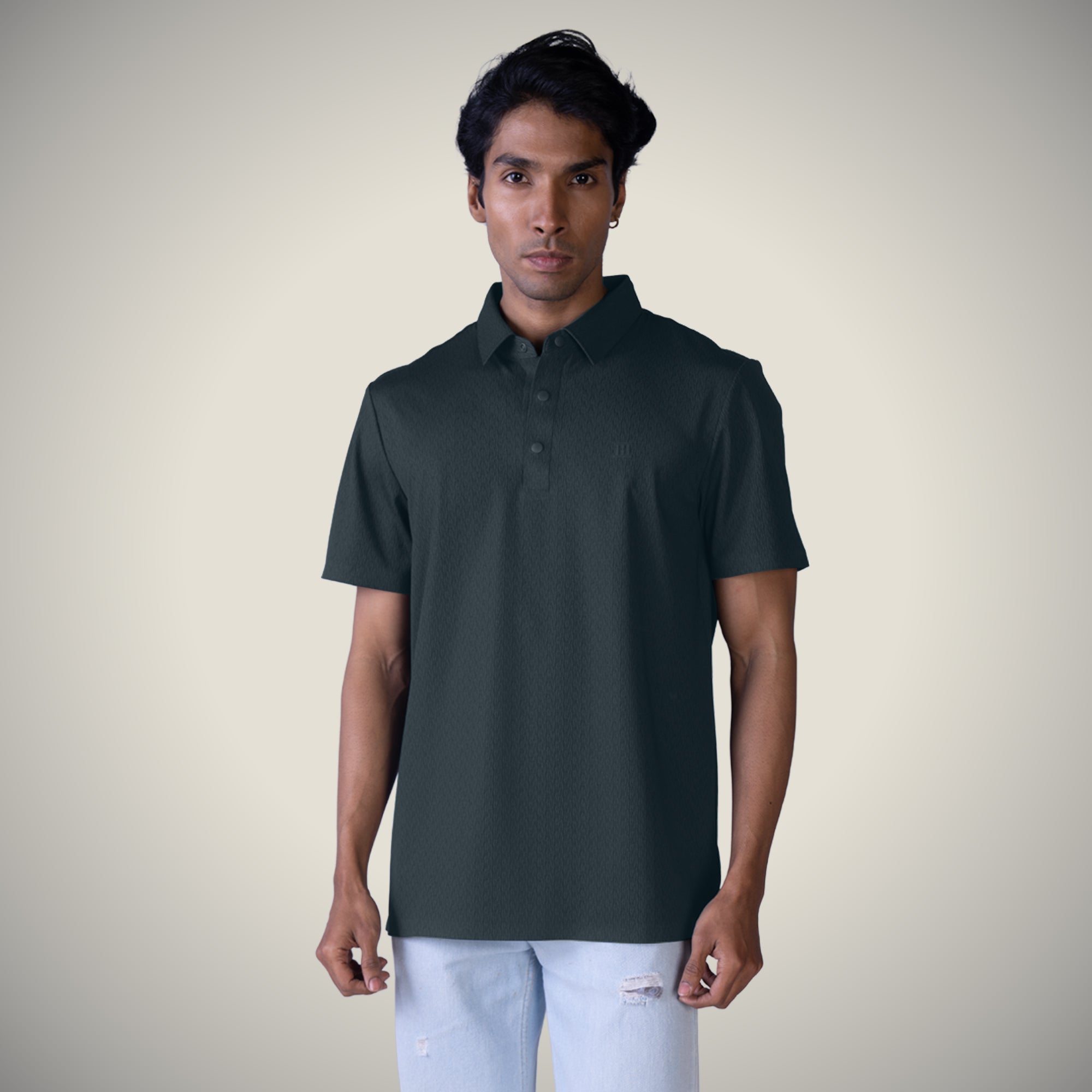 Hektor -Premium-Bonded- Snap Button Polo - Thick Thin Jacquard T Shirt -Mens