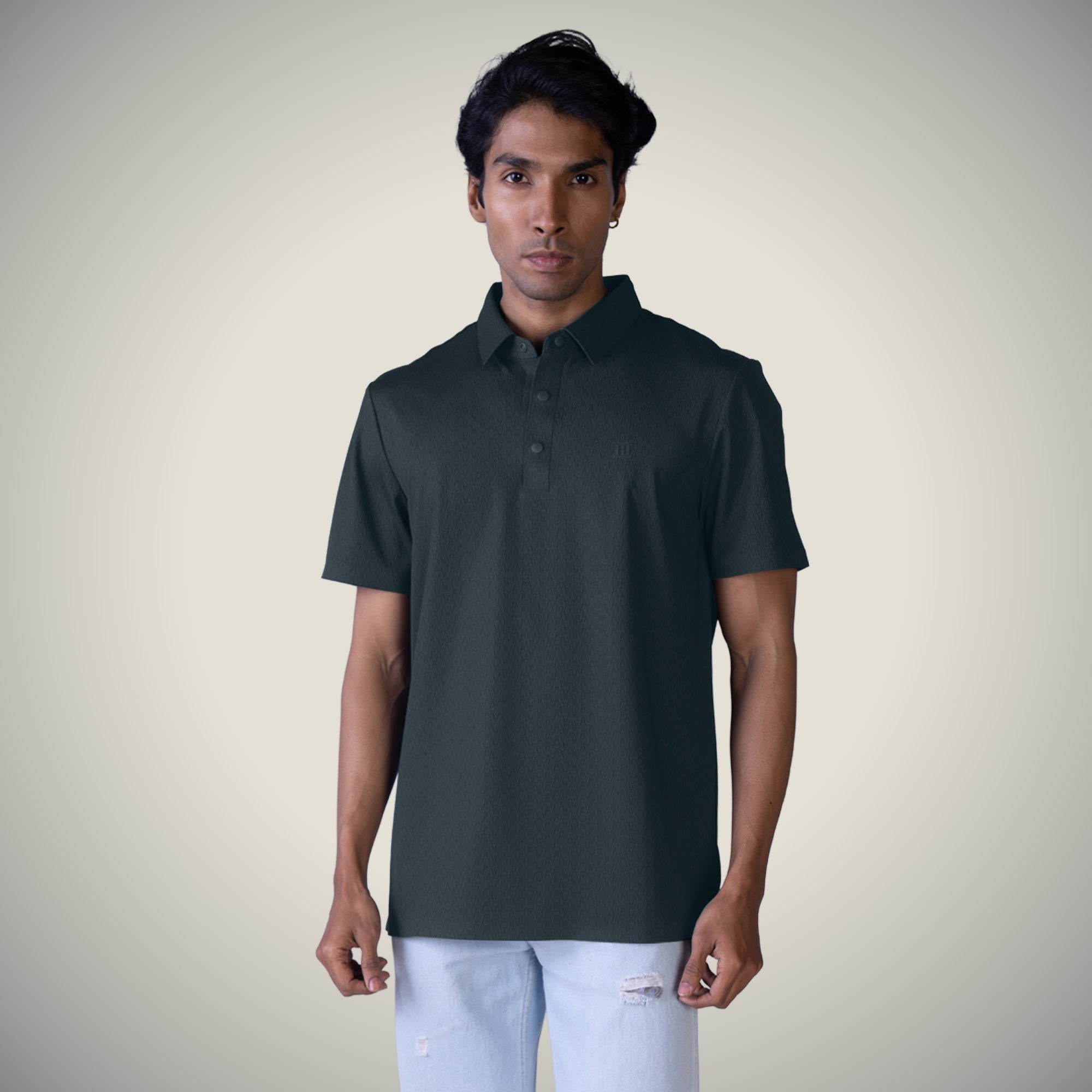 Hektor -Premium-Bonded- Snap Button Polo - Thick Thin Jacquard T Shirt -Mens