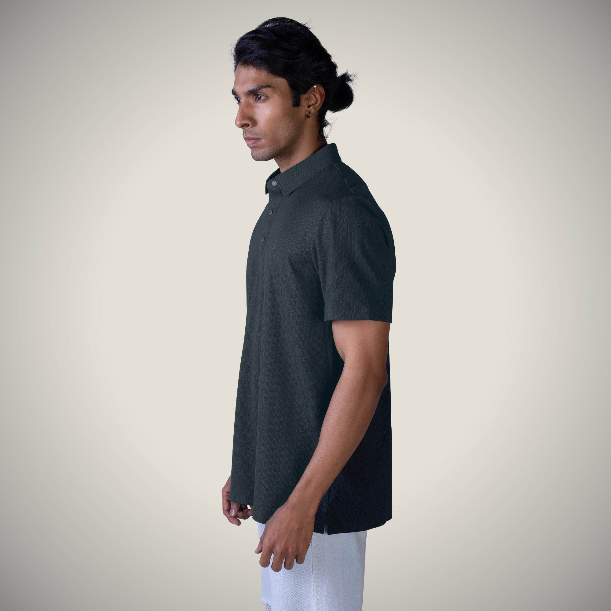 Hektor -Premium-Bonded- Snap Button Polo - Thick Thin Jacquard T Shirt -Mens