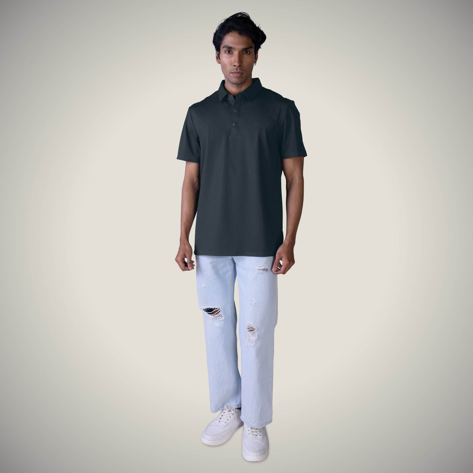 Hektor -Premium-Bonded- Snap Button Polo - Thick Thin Jacquard T Shirt -Mens