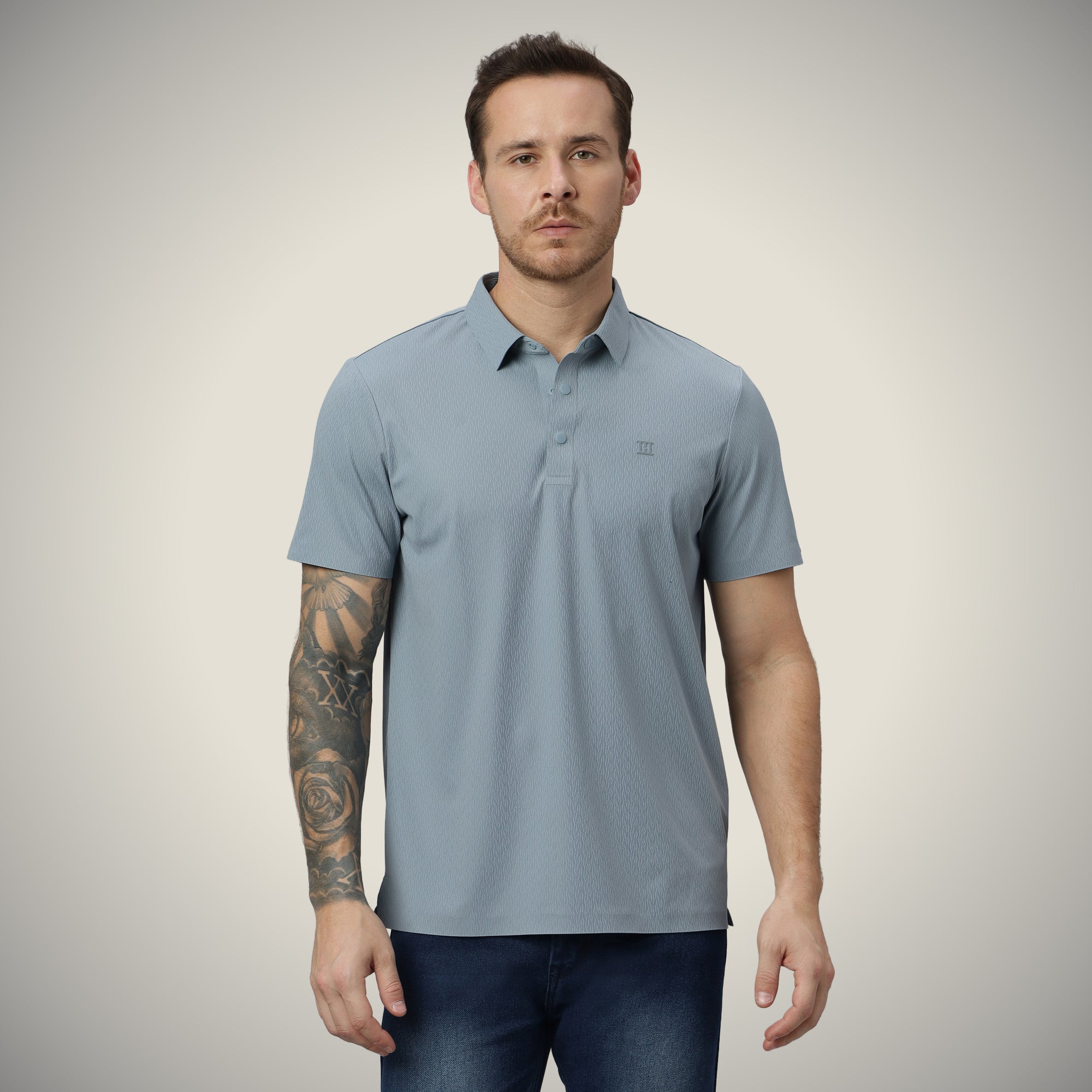 Hektor -Premium-Bonded- Snap Button Polo - Thick Thin Jacquard T Shirt -Mens
