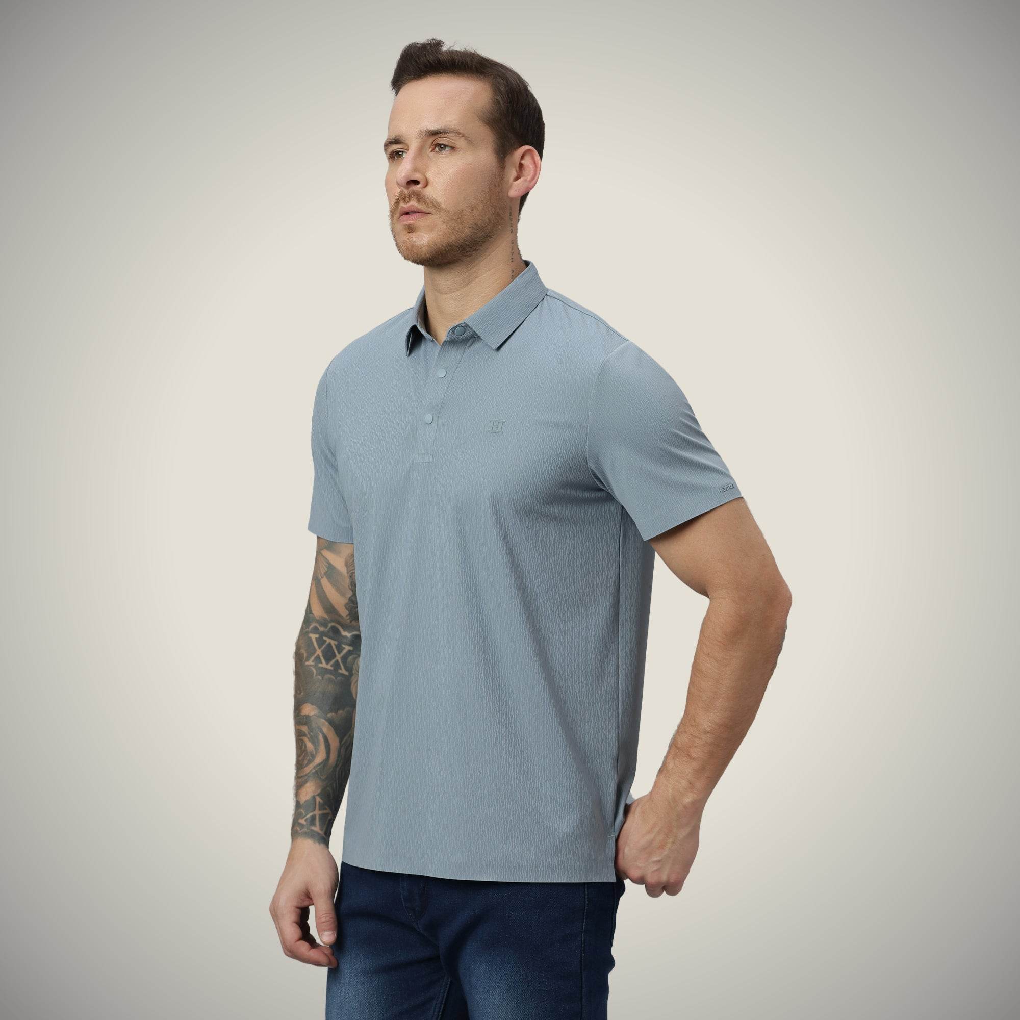 Hektor -Premium-Bonded- Snap Button Polo - Thick Thin Jacquard T Shirt -Mens