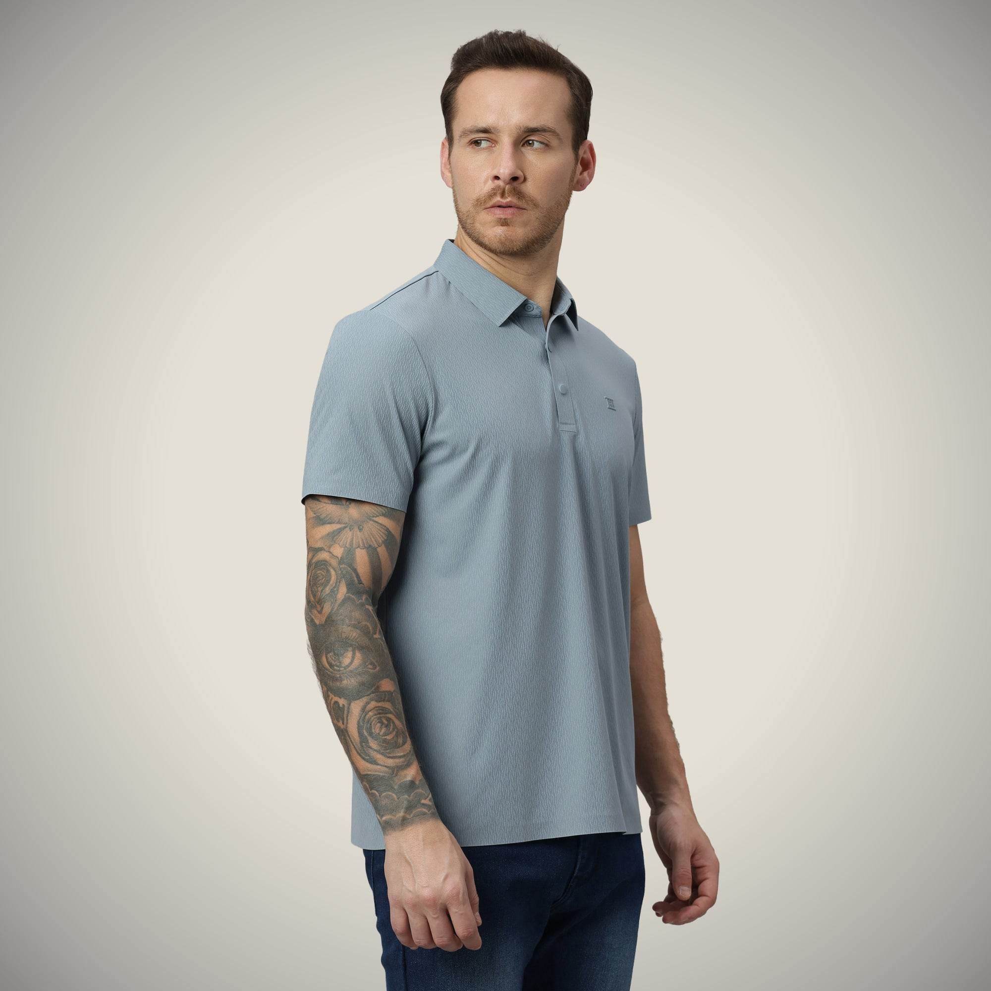 Hektor -Premium-Bonded- Snap Button Polo - Thick Thin Jacquard T Shirt -Mens