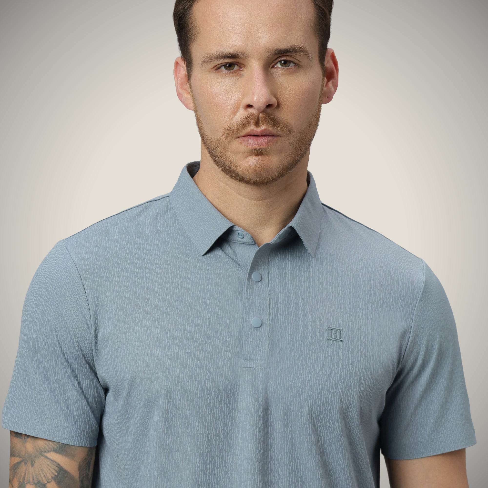 Hektor -Premium-Bonded- Snap Button Polo - Thick Thin Jacquard T Shirt -Mens