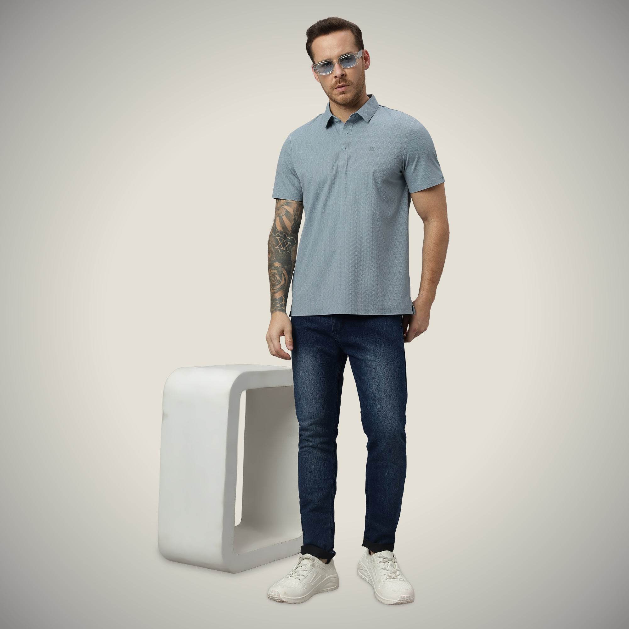 Hektor -Premium-Bonded- Snap Button Polo - Thick Thin Jacquard T Shirt -Mens