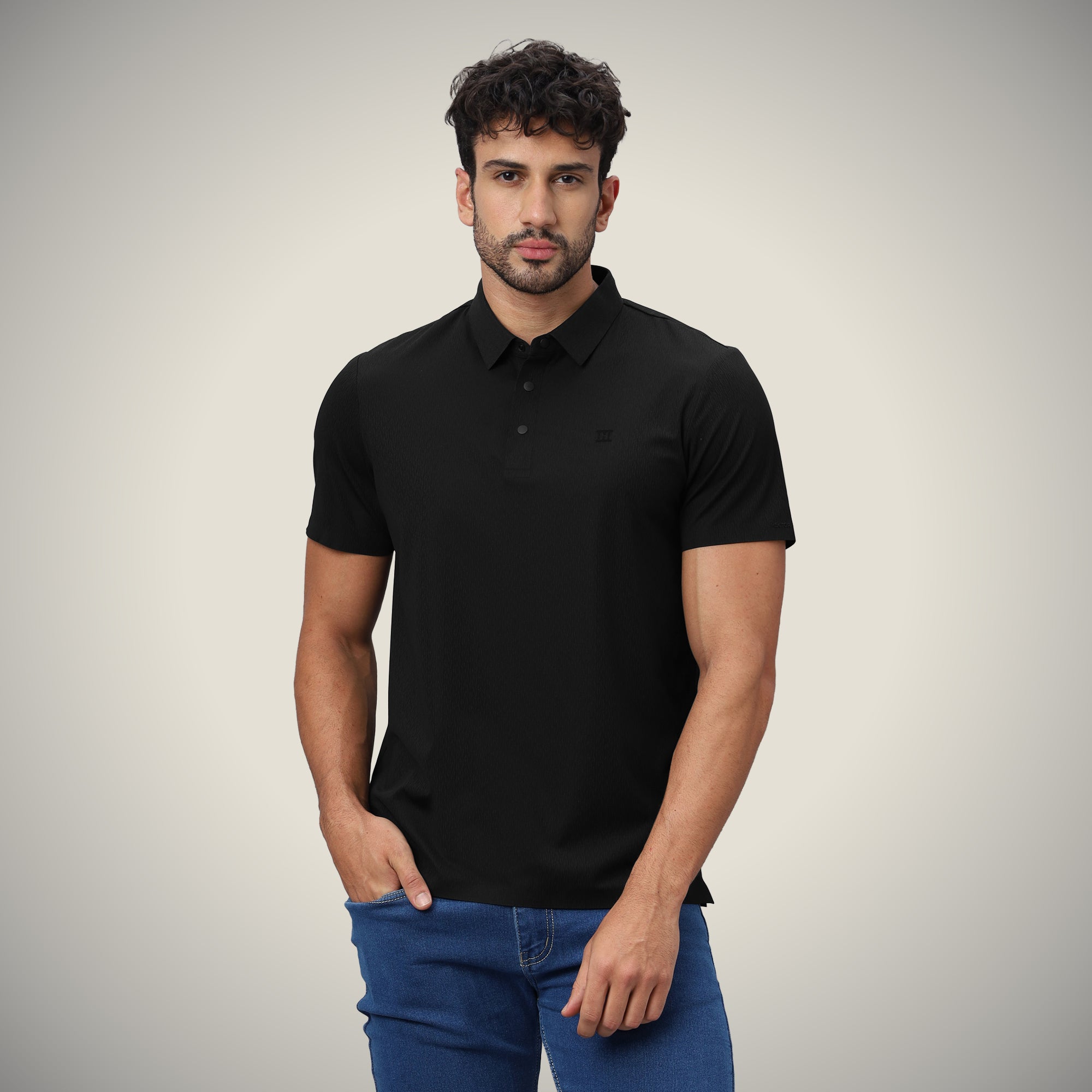 Hektor -Premium-Bonded- Snap Button Polo - Thick Thin Jacquard T Shirt -Mens