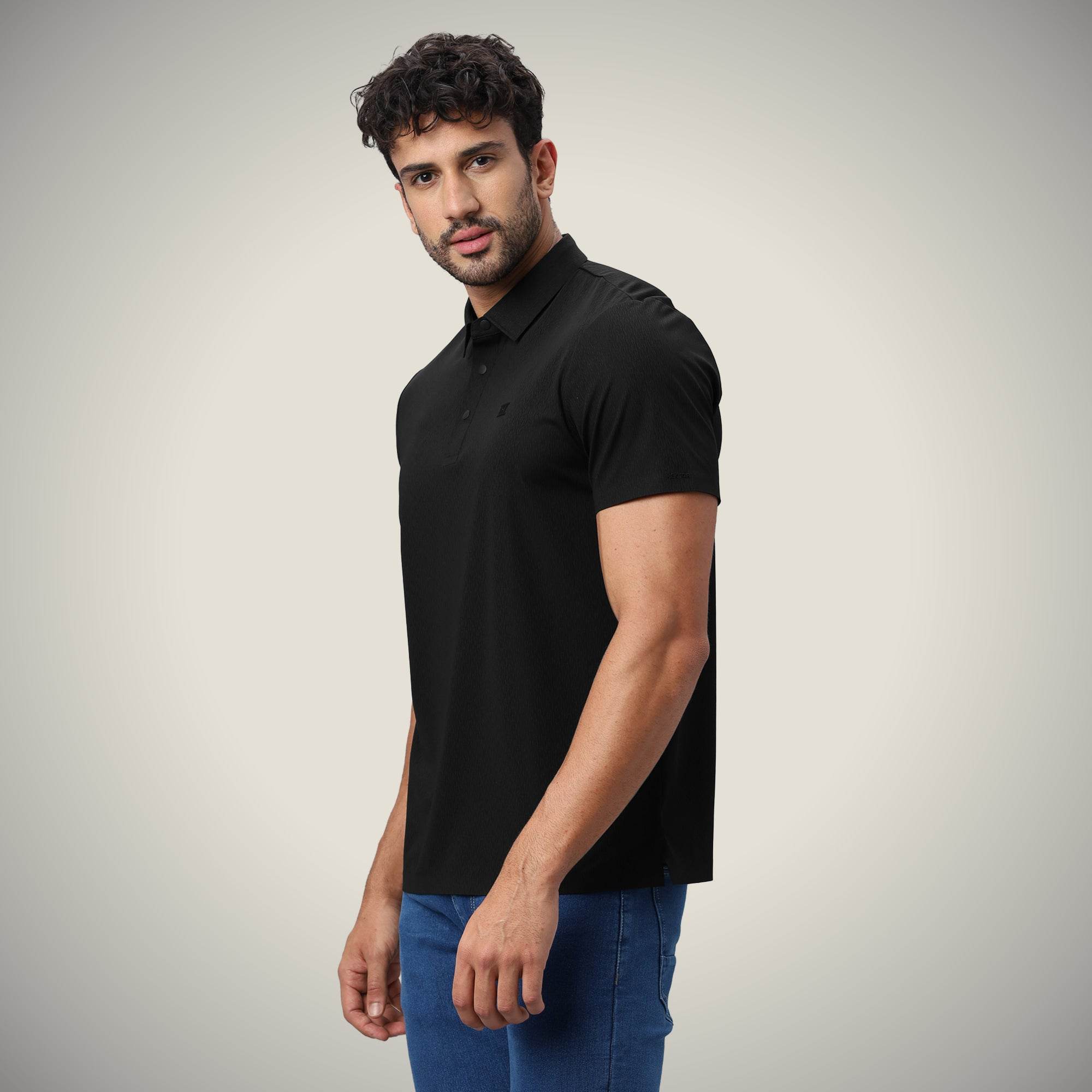 Hektor -Premium-Bonded- Snap Button Polo - Thick Thin Jacquard T Shirt -Mens