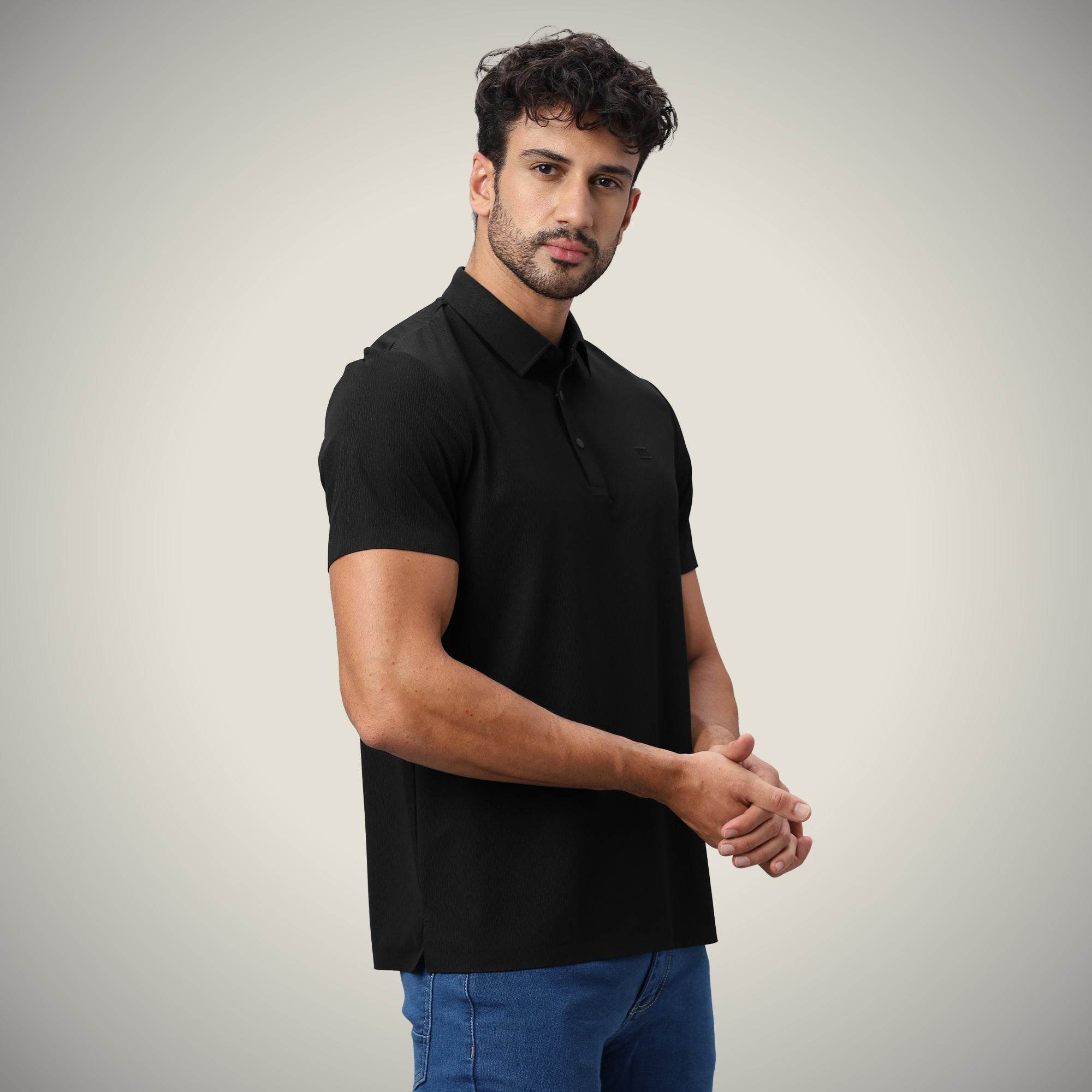 Hektor -Premium-Bonded- Snap Button Polo - Thick Thin Jacquard T Shirt -Mens