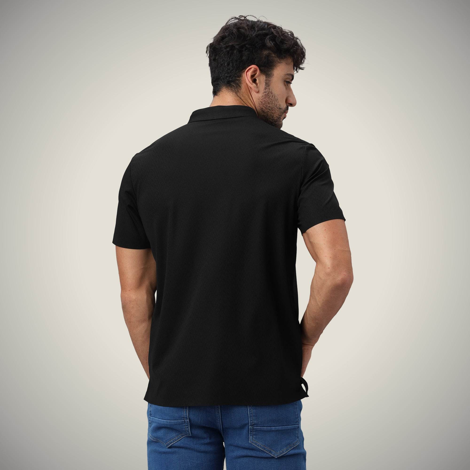 Hektor -Premium-Bonded- Snap Button Polo - Thick Thin Jacquard T Shirt -Mens