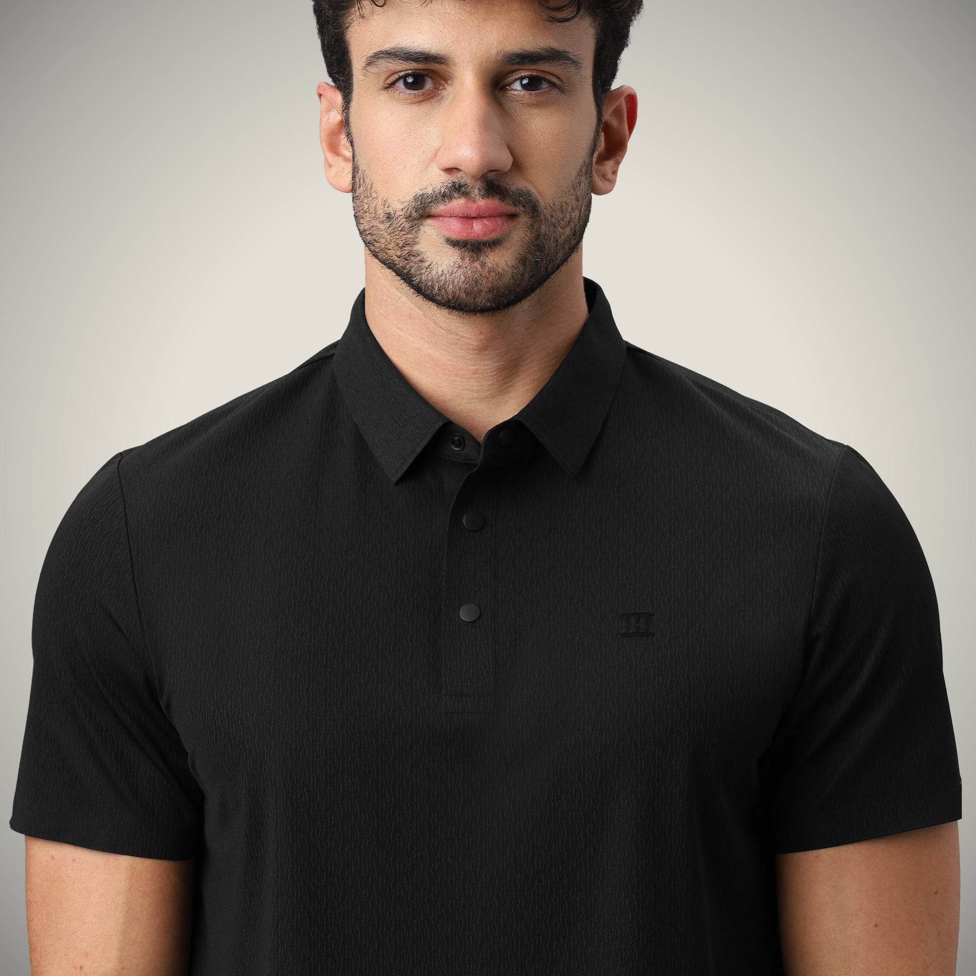 Hektor -Premium-Bonded- Snap Button Polo - Thick Thin Jacquard T Shirt -Mens