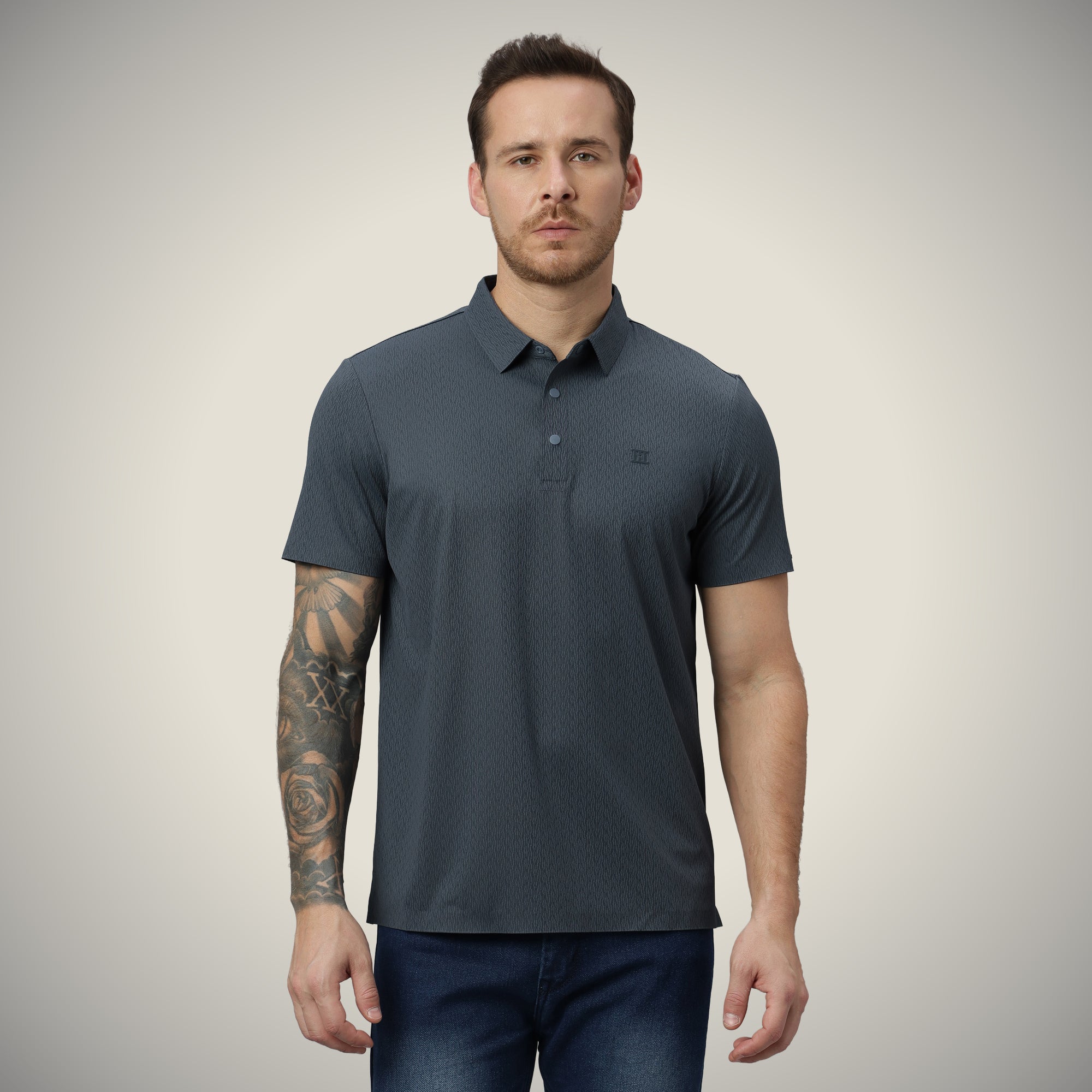 Hektor -Premium-Bonded- Snap Button Polo - Thick Thin Jacquard T Shirt -Mens