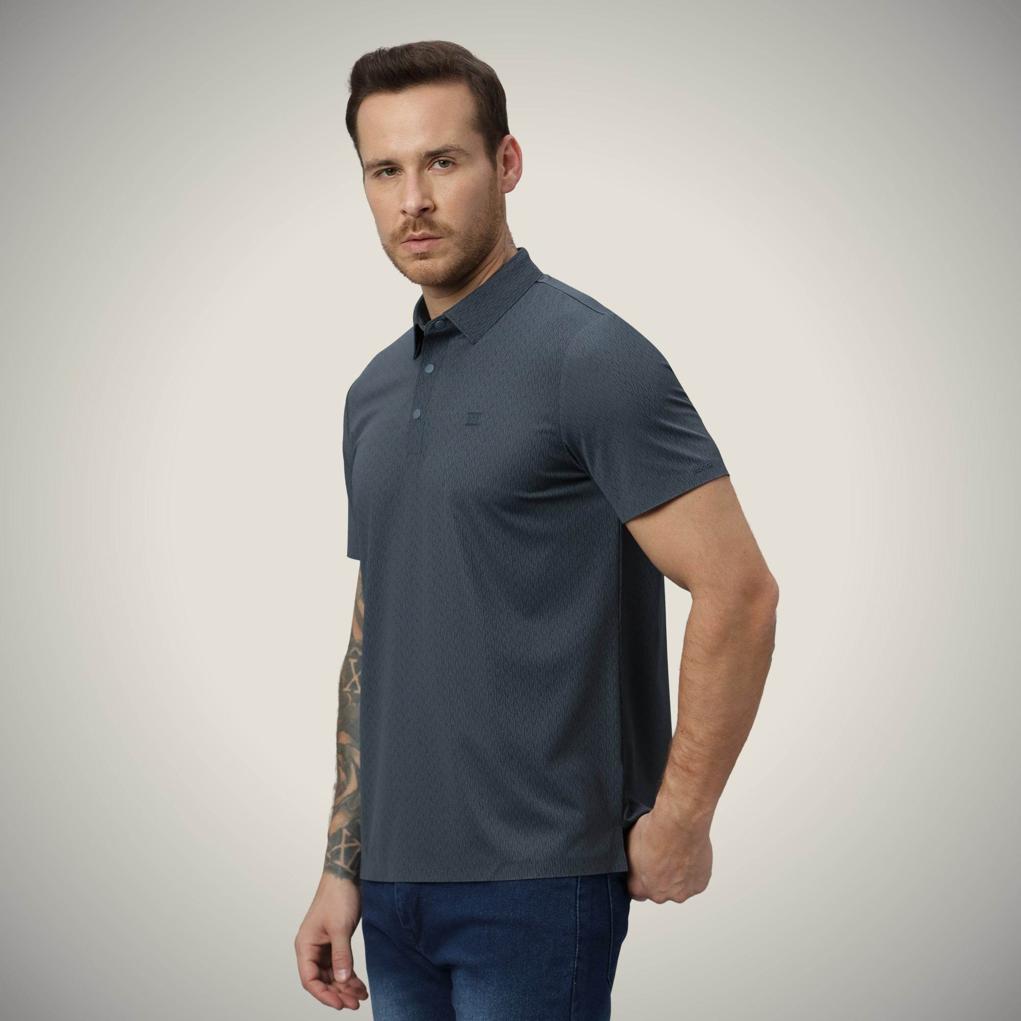 Hektor -Premium-Bonded- Snap Button Polo - Thick Thin Jacquard T Shirt -Mens