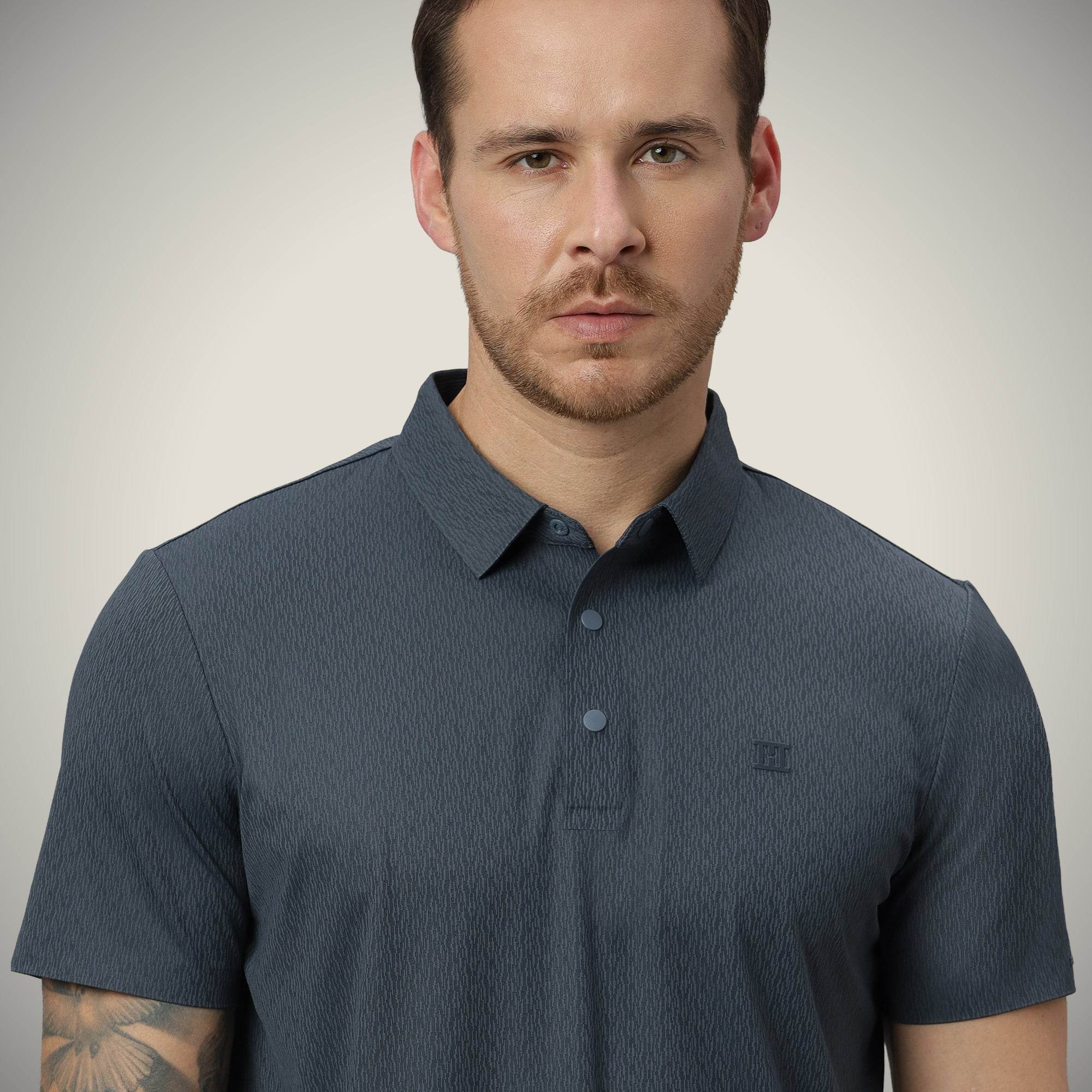 Hektor -Premium-Bonded- Snap Button Polo - Thick Thin Jacquard T Shirt -Mens