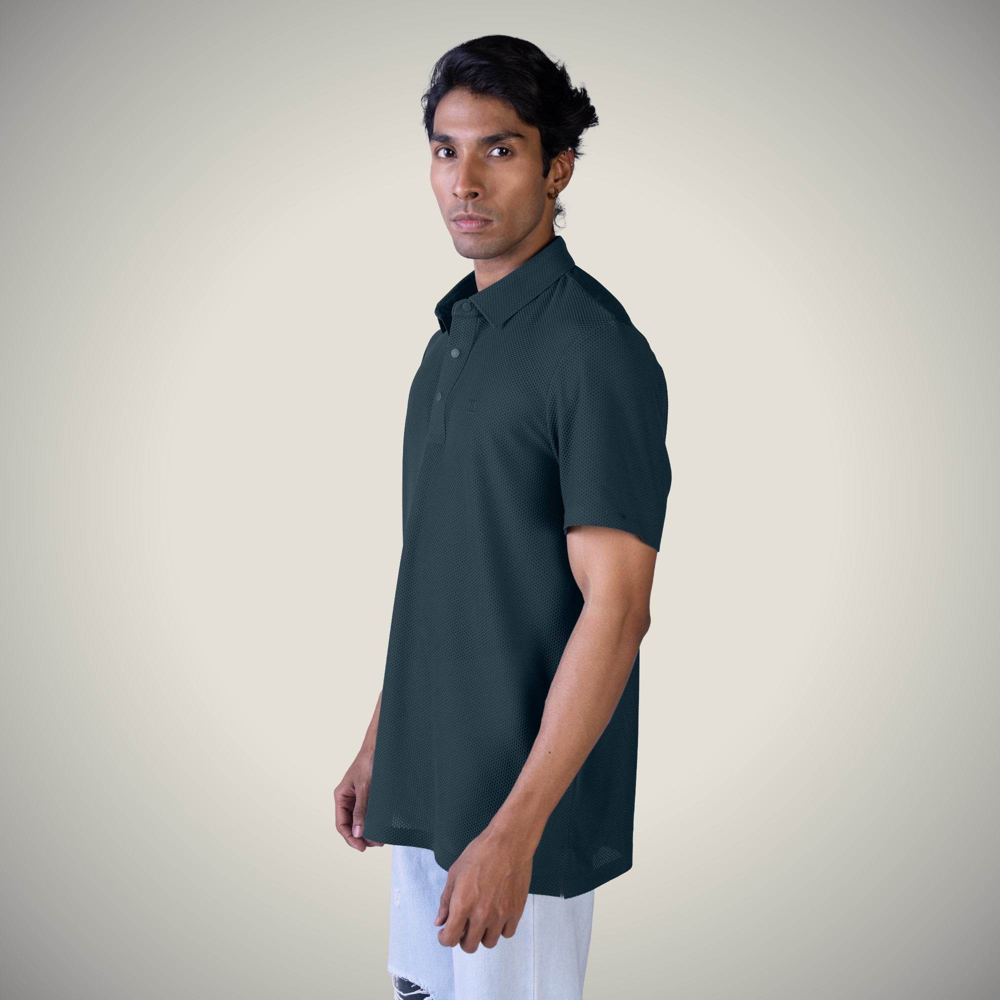Hektor -Premium-Bonded- Snap Button Polo - Bubble Jacquard T Shirt -Mens