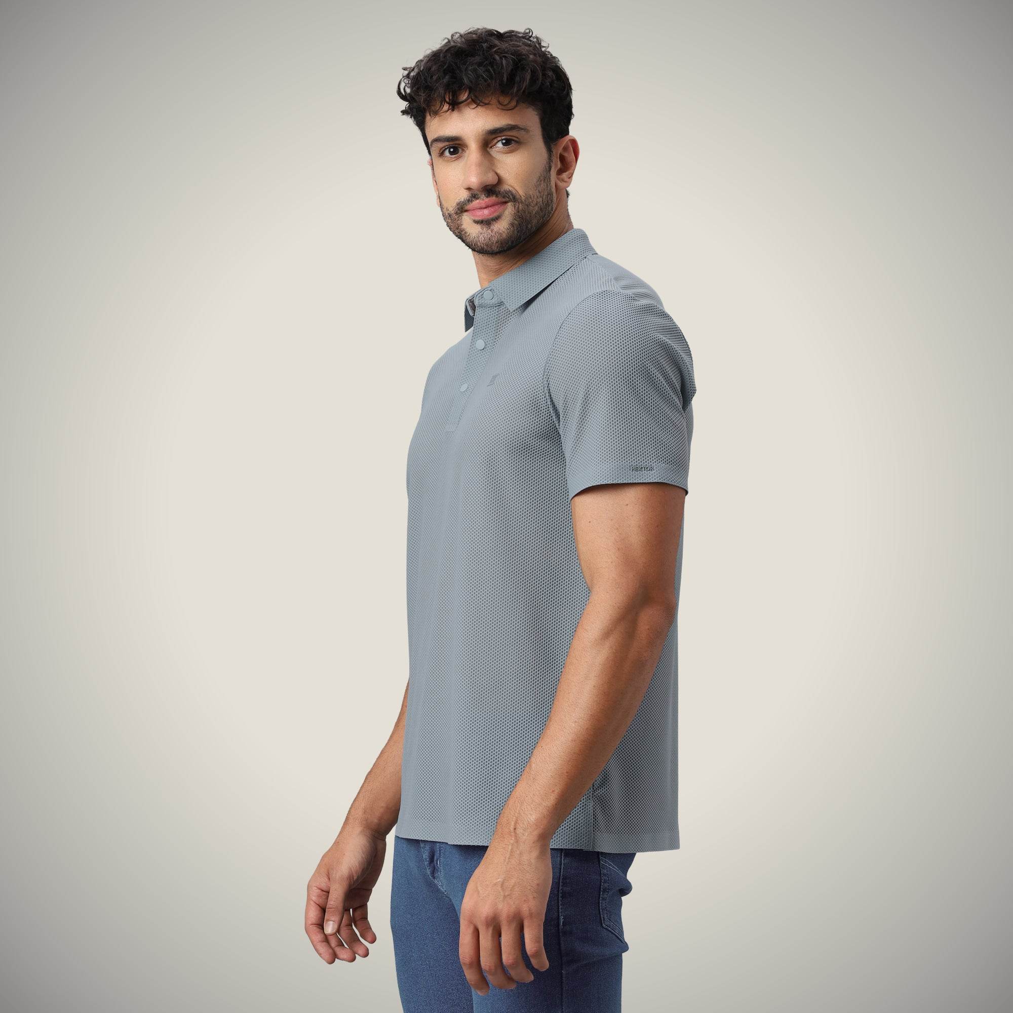 Hektor -Premium-Bonded- Snap Button Polo - Bubble Jacquard T Shirt -Mens