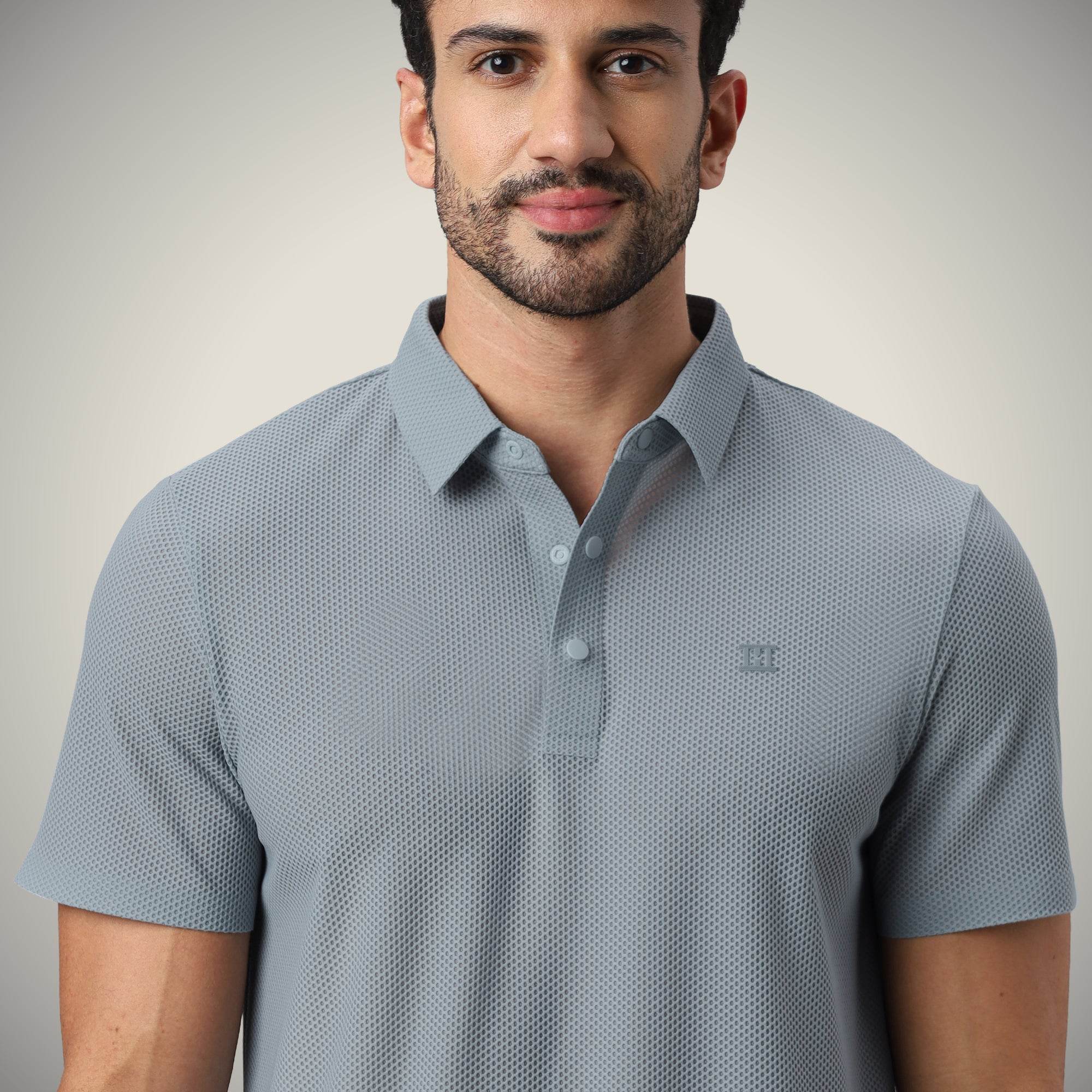 Hektor -Premium-Bonded- Snap Button Polo - Bubble Jacquard T Shirt -Mens