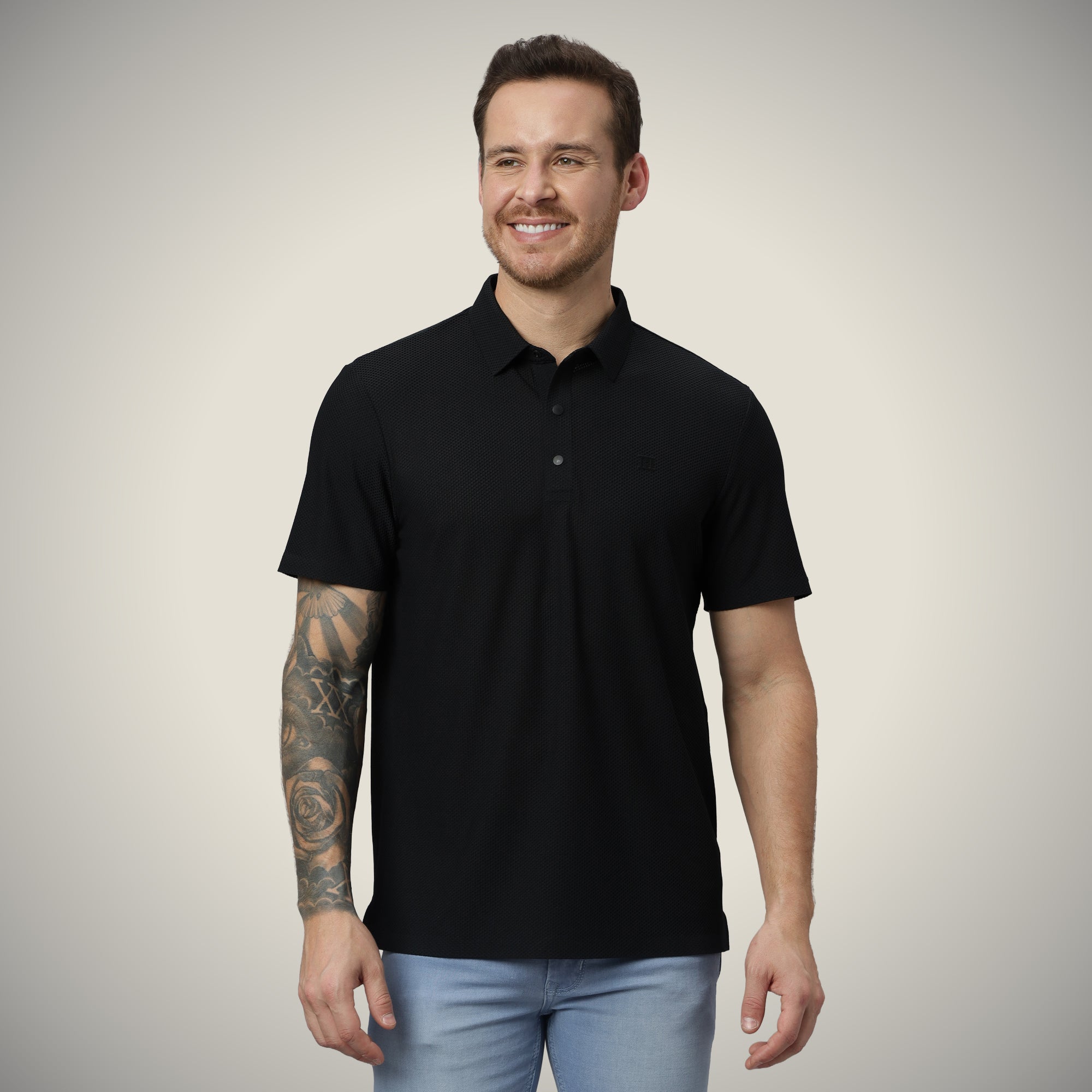 Hektor -Premium-Bonded- Snap Button Polo - Bubble Jacquard T Shirt -Mens