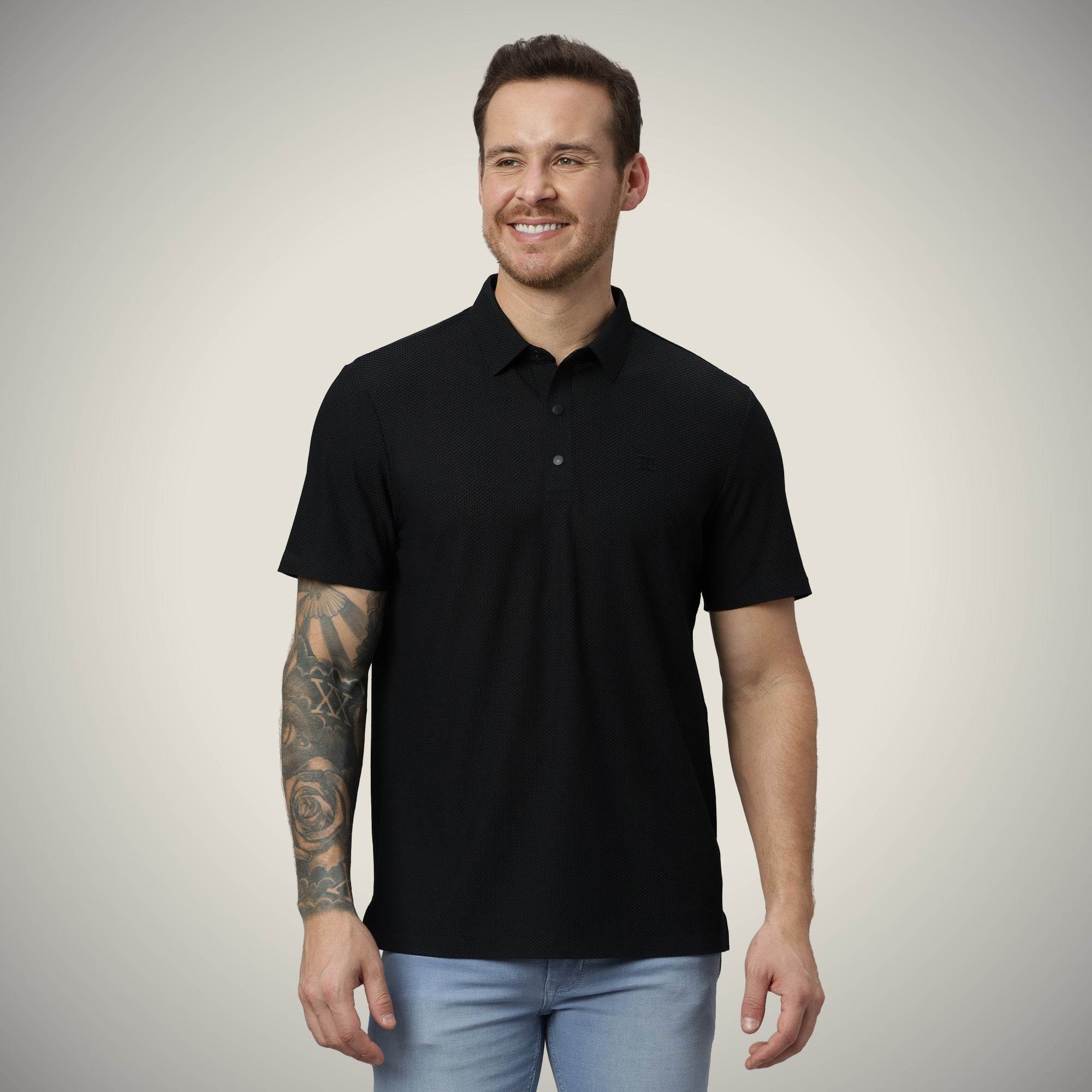 Hektor -Premium-Bonded- Snap Button Polo - Bubble Jacquard T Shirt -Mens