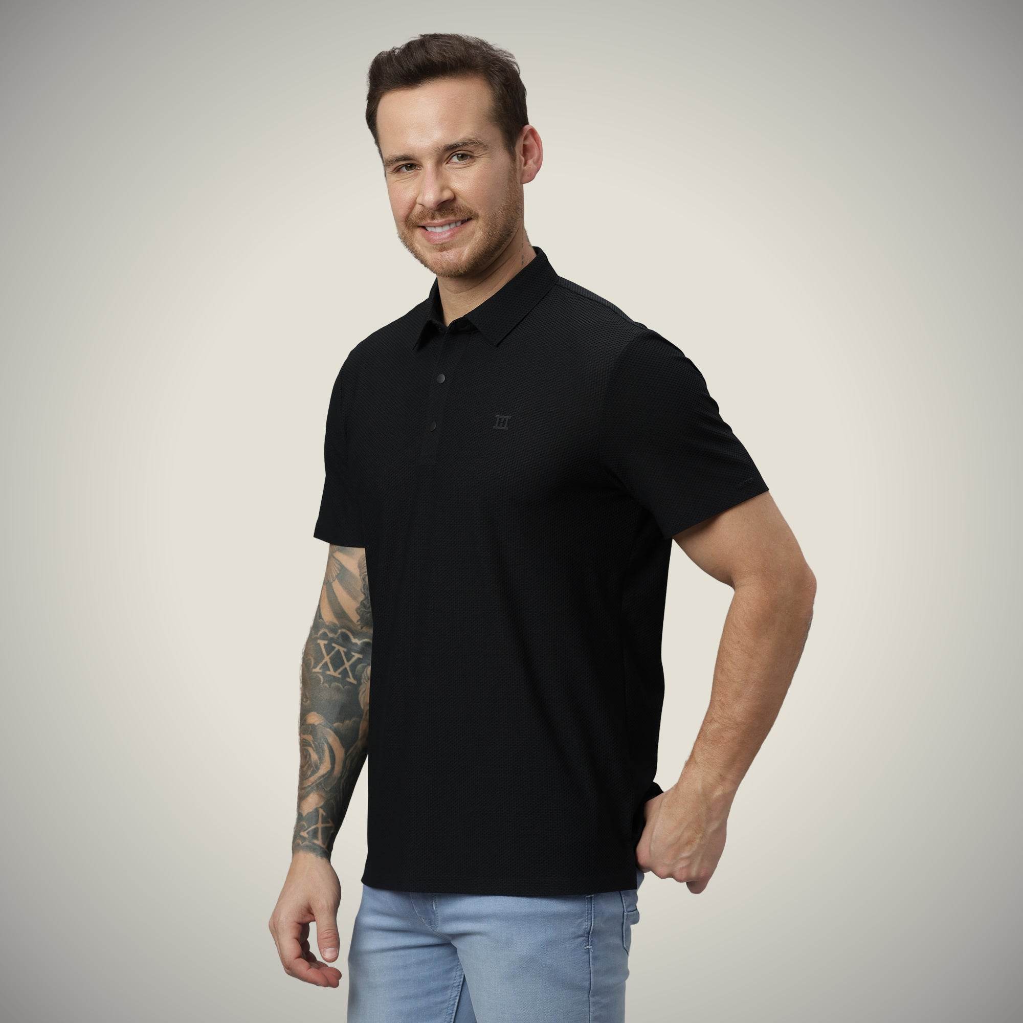 Hektor -Premium-Bonded- Snap Button Polo - Bubble Jacquard T Shirt -Mens