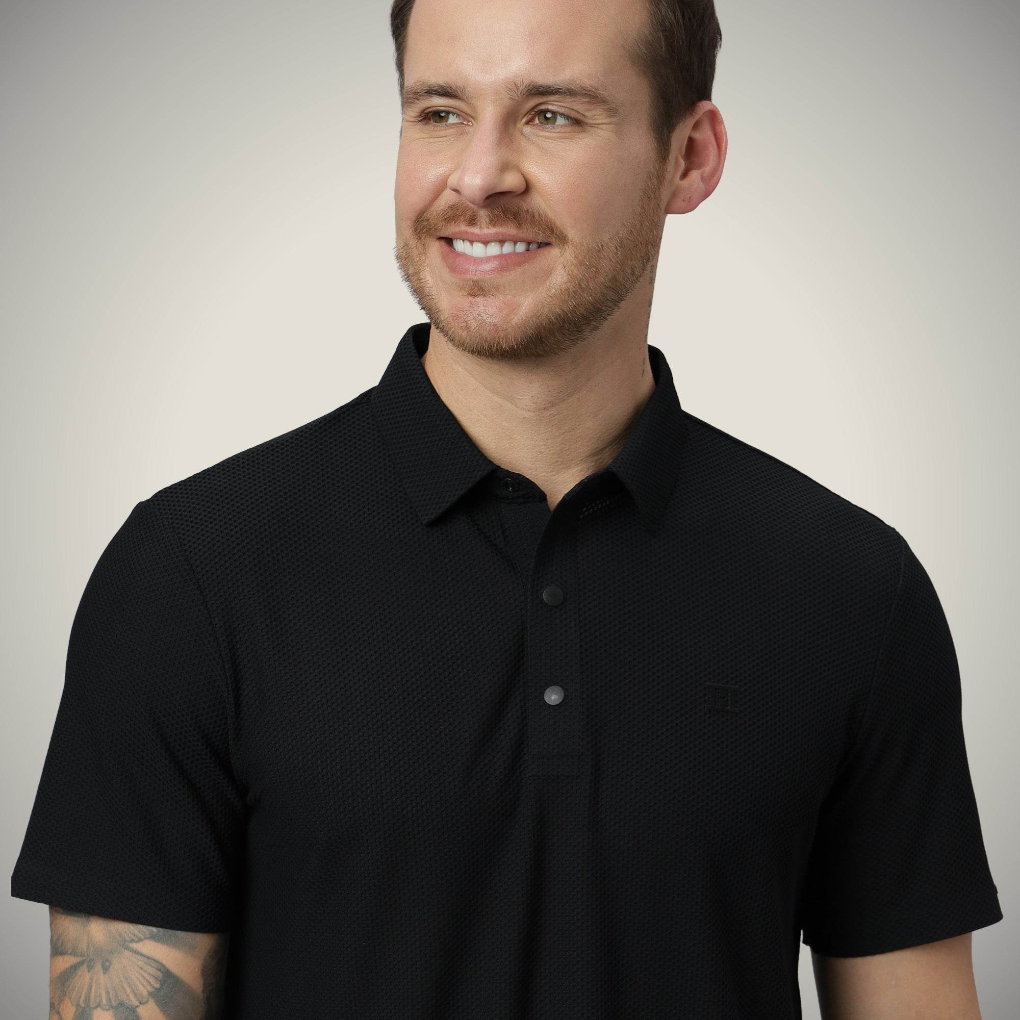 Hektor -Premium-Bonded- Snap Button Polo - Bubble Jacquard T Shirt -Mens