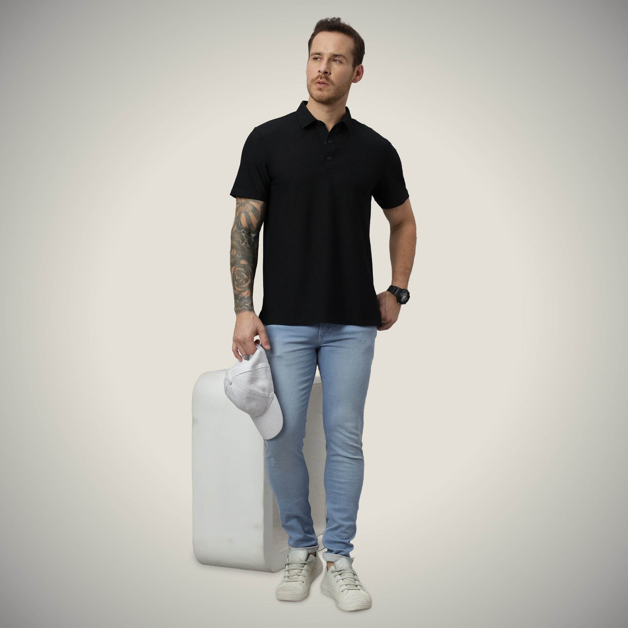 Hektor -Premium-Bonded- Snap Button Polo - Bubble Jacquard T Shirt -Mens