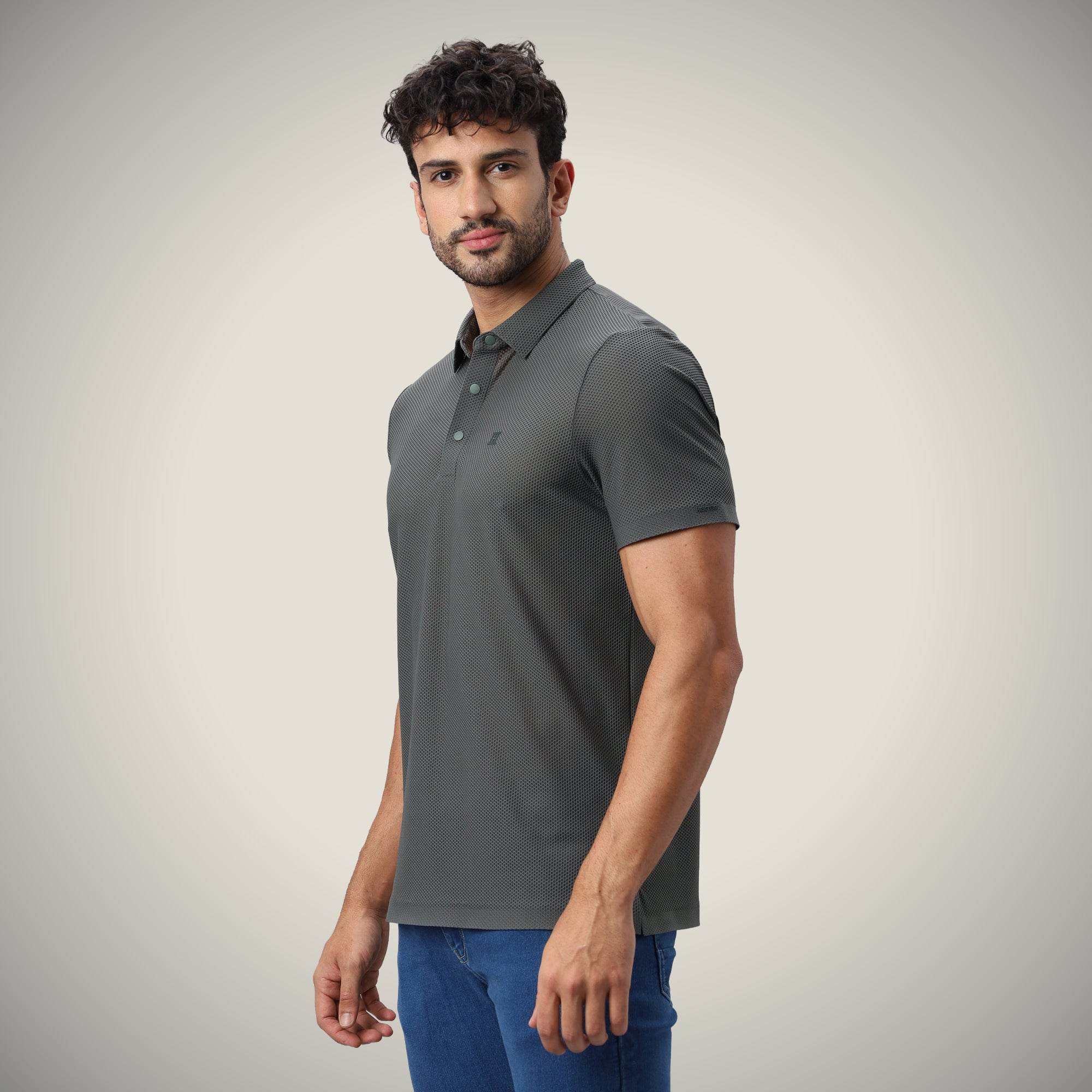 Hektor -Premium-Bonded- Snap Button Polo - Bubble Jacquard T Shirt -Mens
