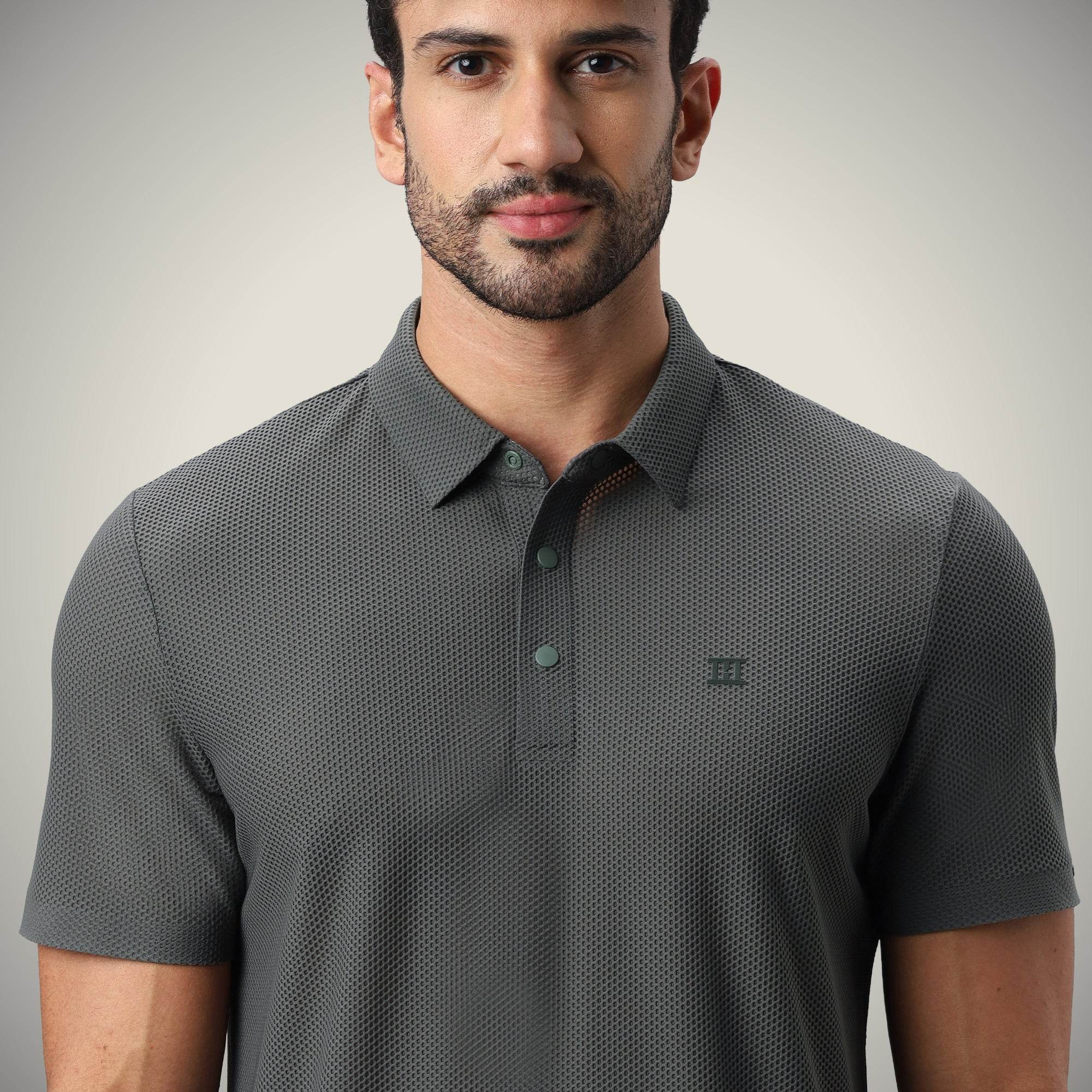 Hektor -Premium-Bonded- Snap Button Polo - Bubble Jacquard T Shirt -Mens