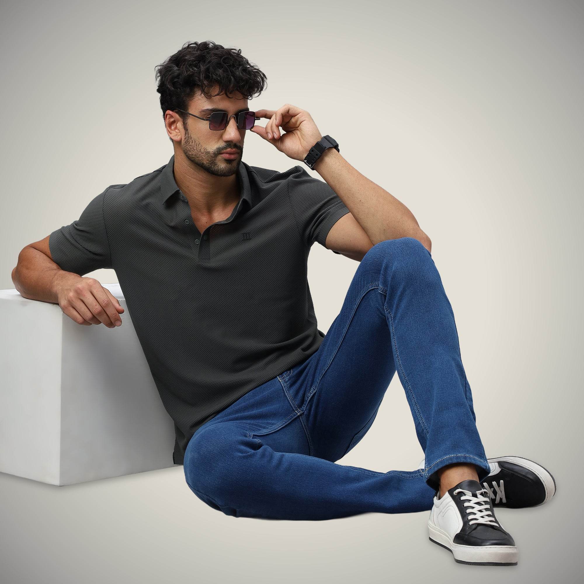 Hektor -Premium-Bonded- Snap Button Polo - Bubble Jacquard T Shirt -Mens