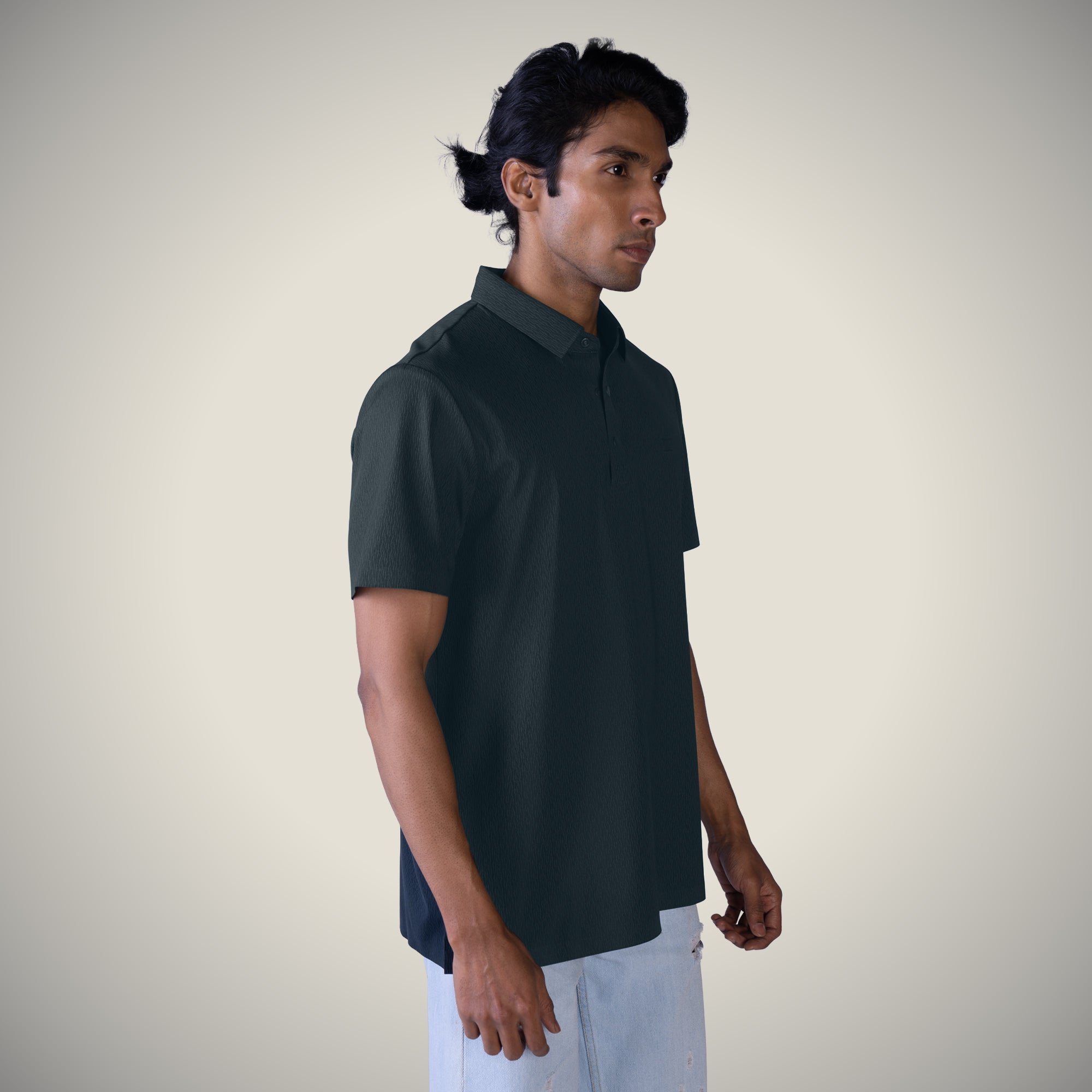 Hektor -Premium-Bonded- Snap Button Polo - Thick Thin Jacquard T Shirt -Mens