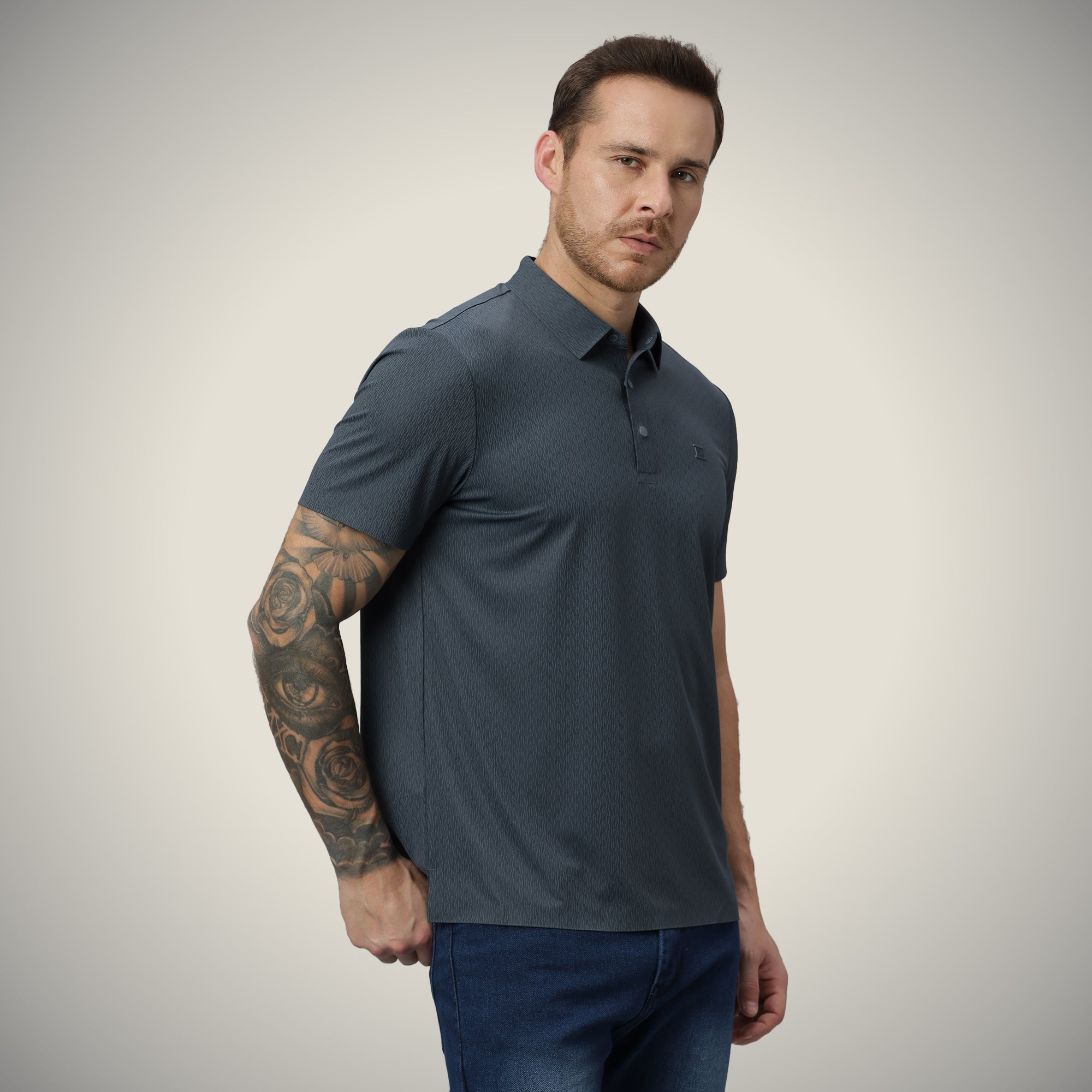 Hektor -Premium-Bonded- Snap Button Polo - Thick Thin Jacquard T Shirt -Mens
