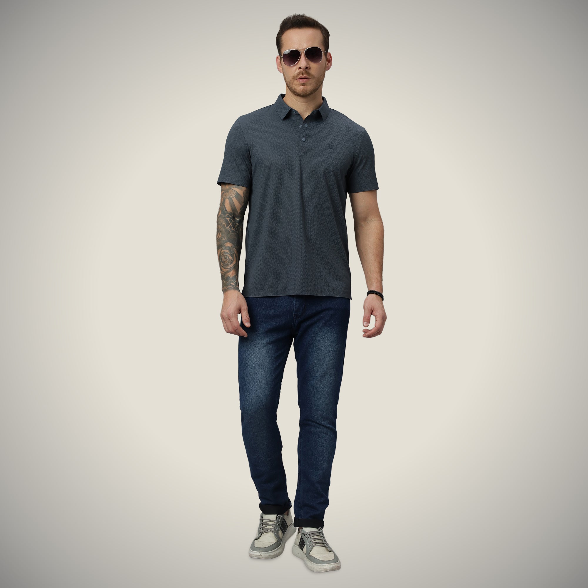 Hektor -Premium-Bonded- Snap Button Polo - Thick Thin Jacquard T Shirt -Mens