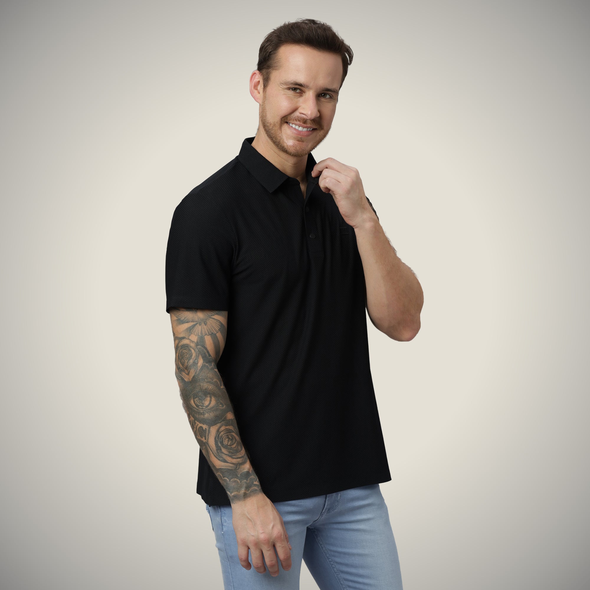 Hektor -Premium-Bonded- Snap Button Polo - Bubble Jacquard T Shirt -Mens