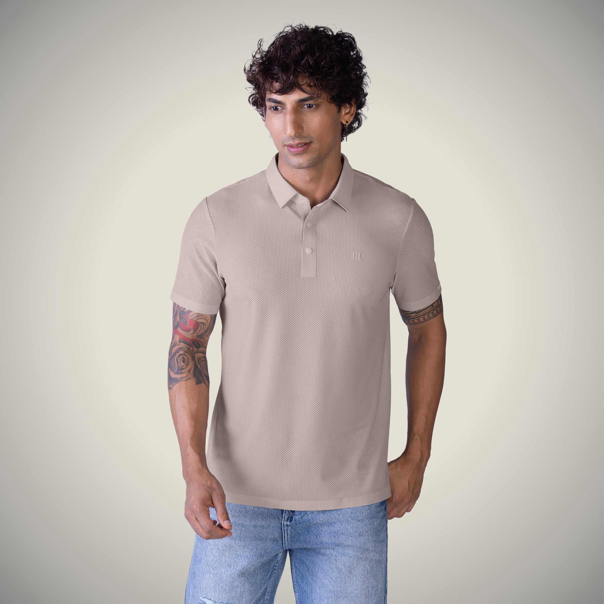 Hektor -Premium-Bonded- Snap Button Polo - Bubble Jacquard T Shirt -Mens
