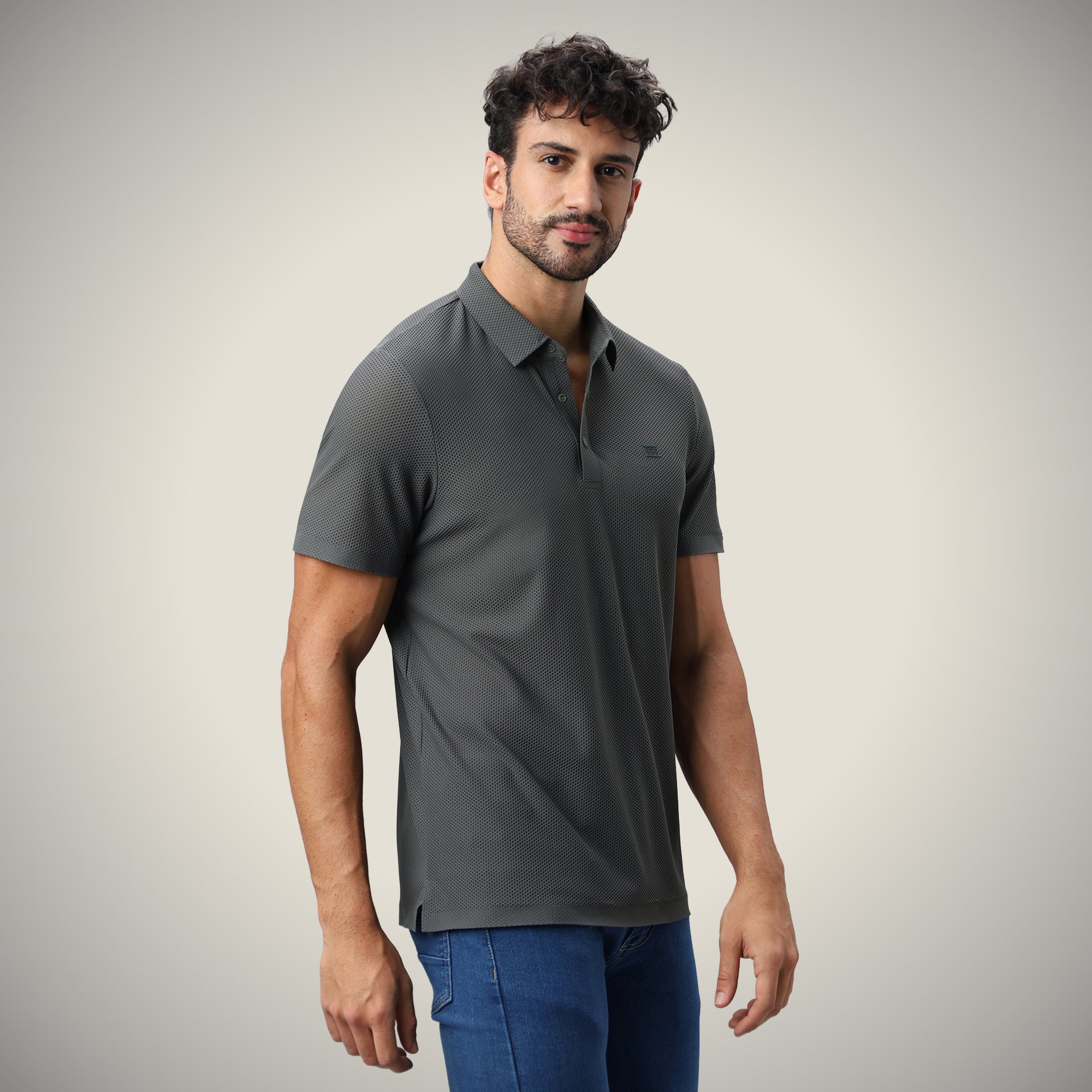 Hektor -Premium-Bonded- Snap Button Polo - Bubble Jacquard T Shirt -Mens